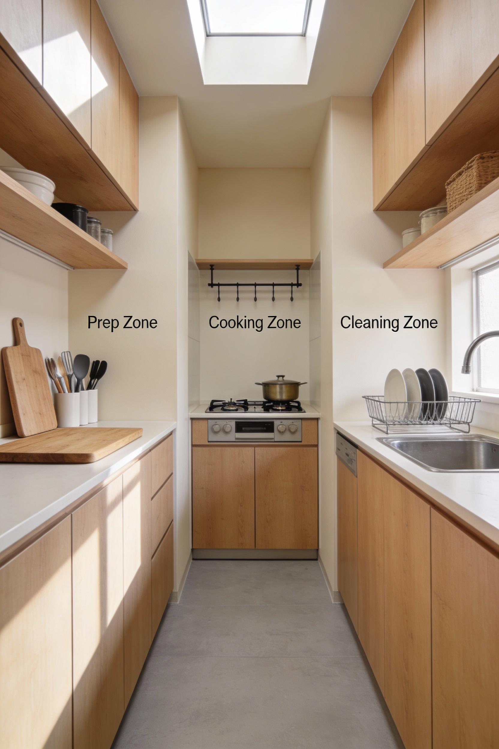 A compact kitchen layout with clear zones for cooking and prep