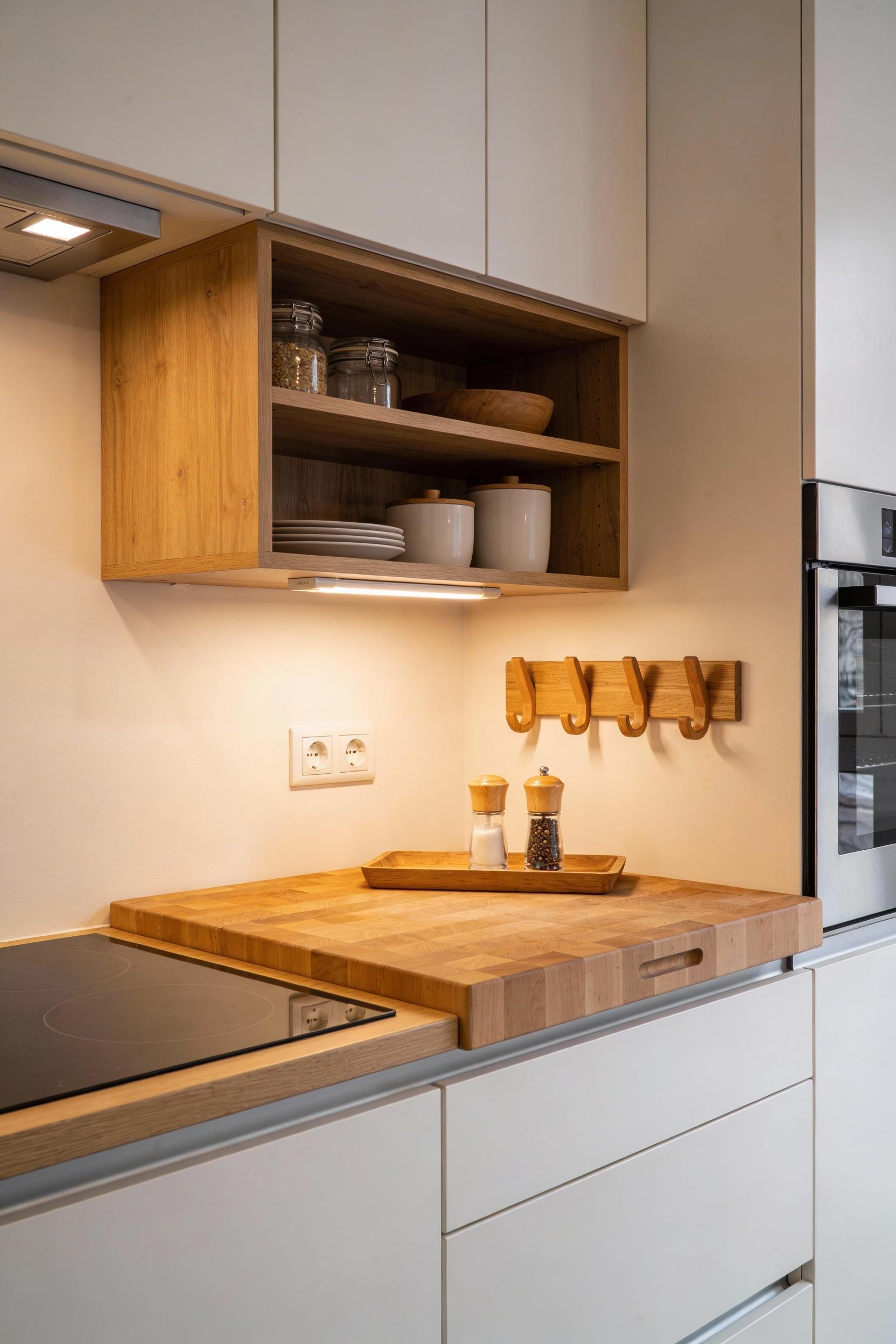 Bring in warm wood accents for a soft, natural look