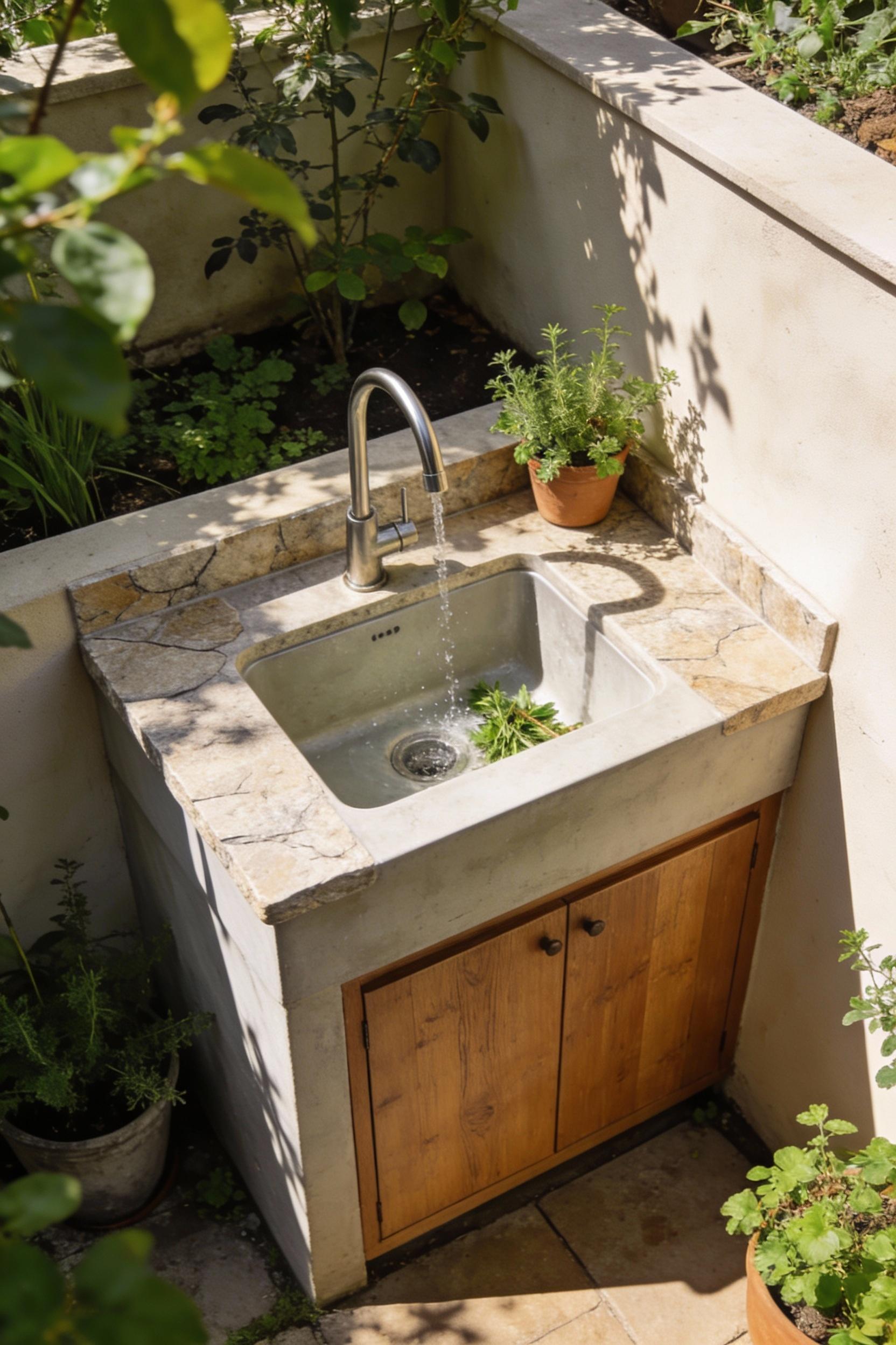Create a small outdoor sink area with a simple water setup