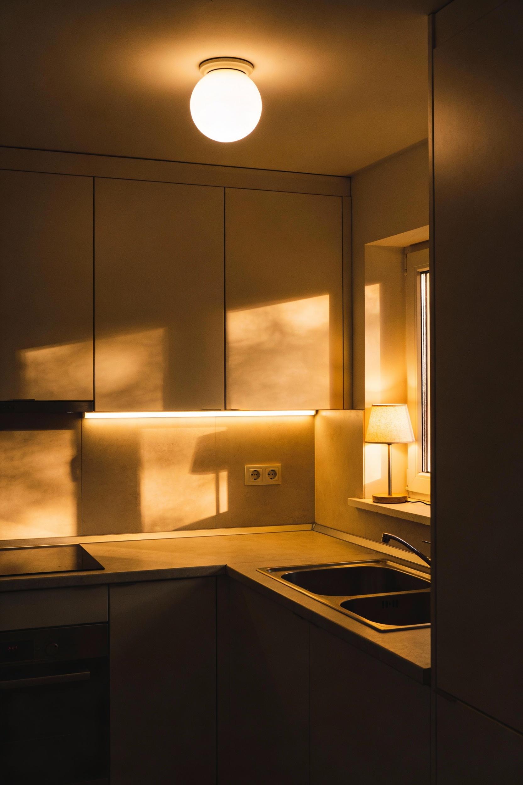 Layer soft lighting to make the kitchen feel cozy at night