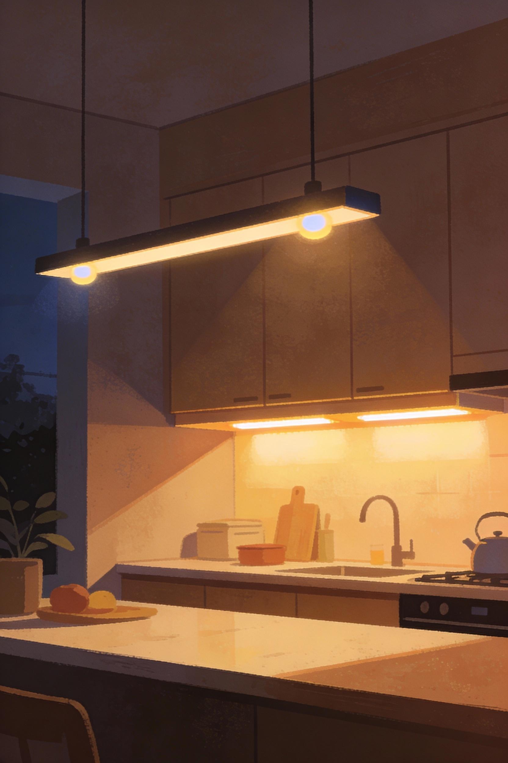Layered lighting ideas for a warm modern kitchen at night