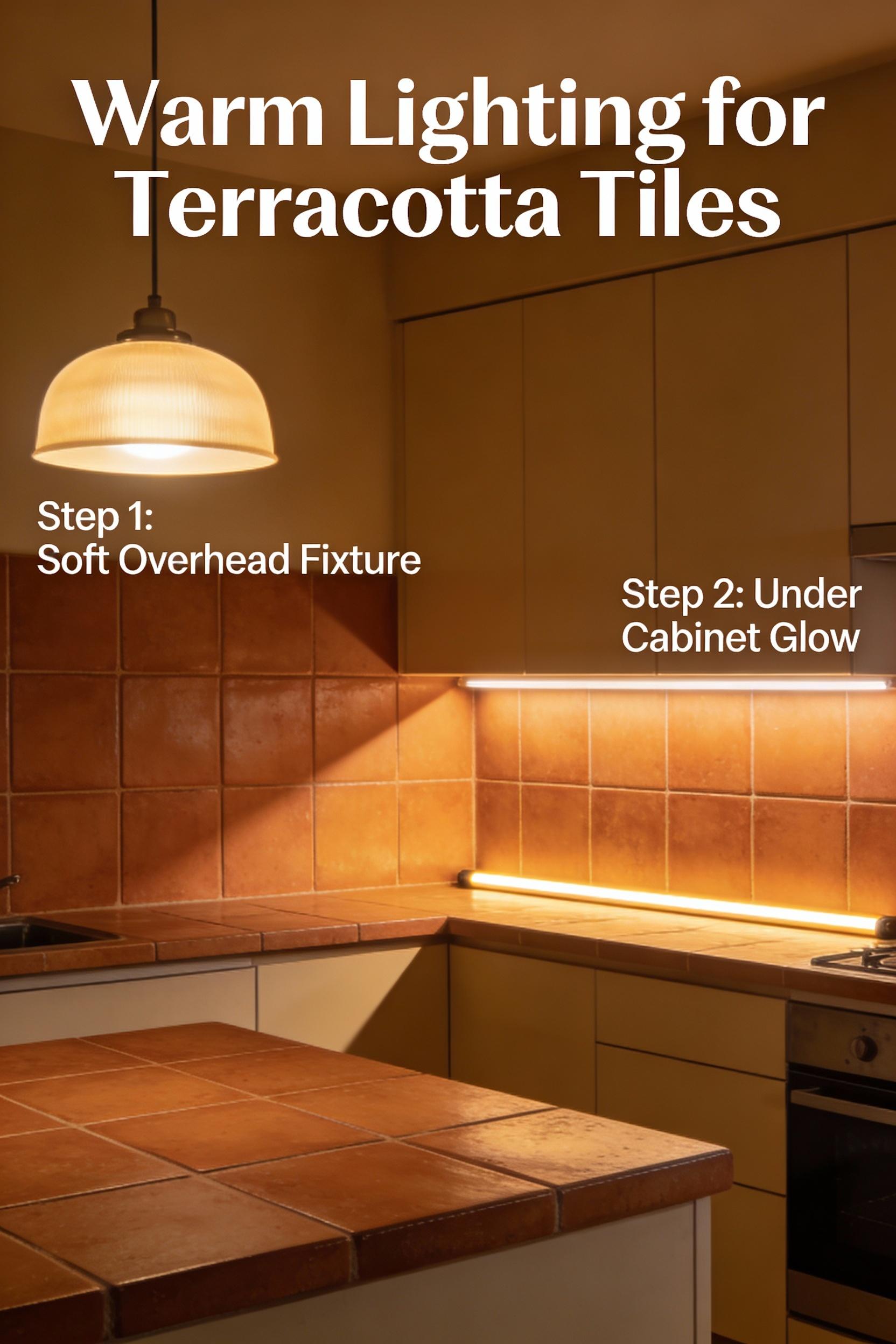Lighting ideas for terracotta kitchen flooring in darker or windowless spaces
