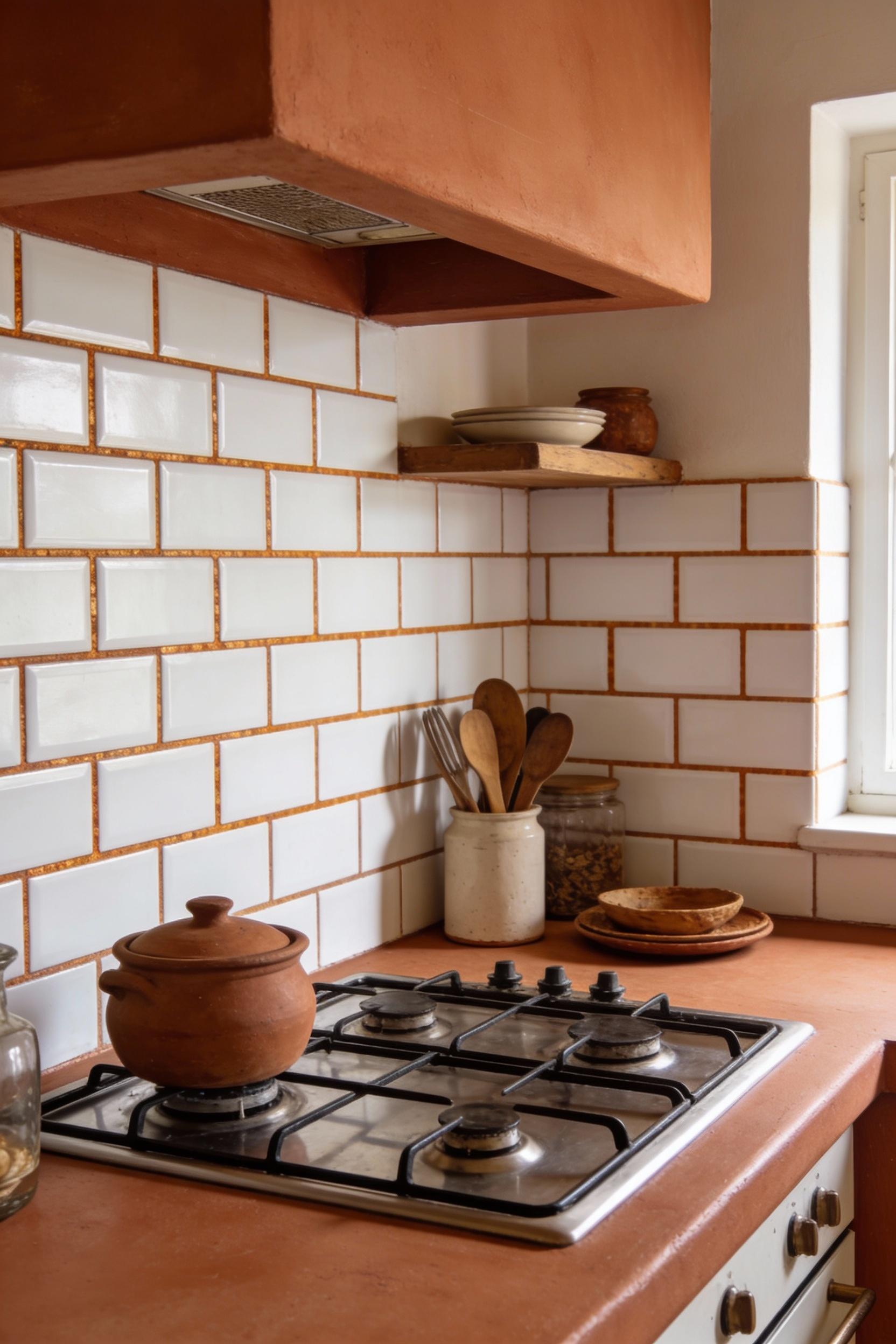 Mediterranean feel in a small terracotta tile kitchen with white tile backsplash
