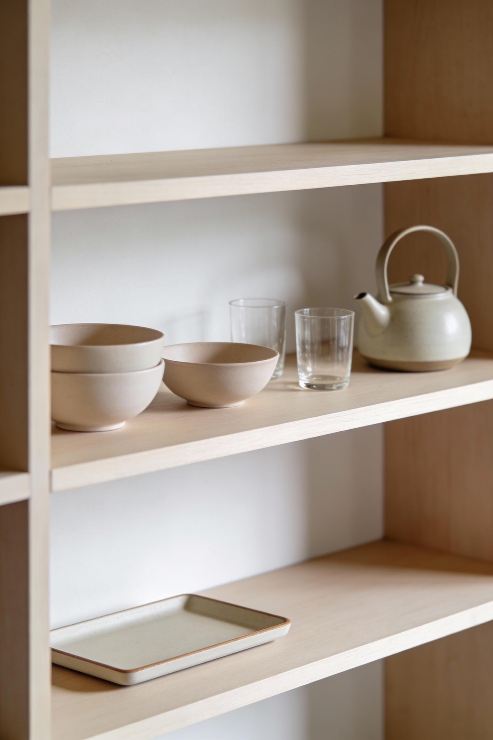 Minimal open shelving that feels intentional not messy