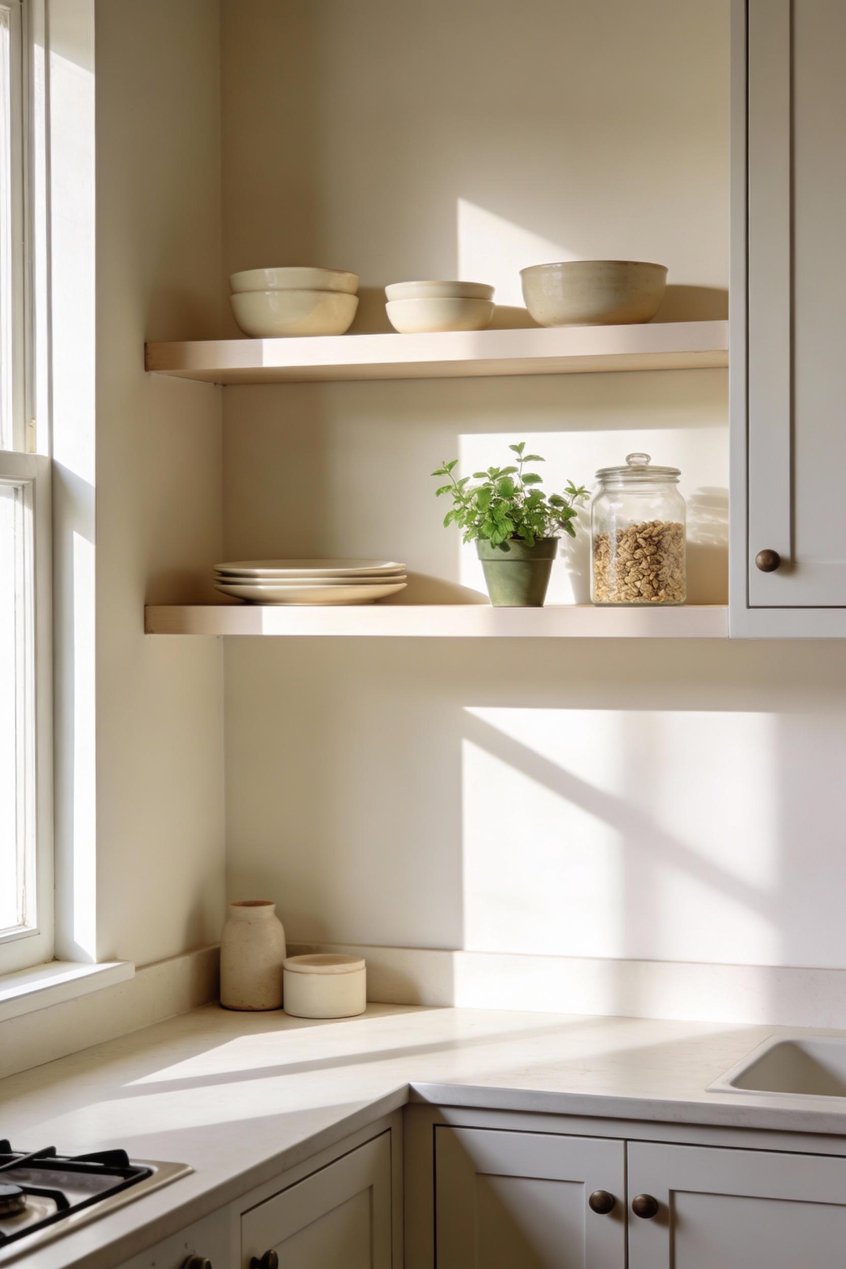 Open shelving in small kitchens done softly