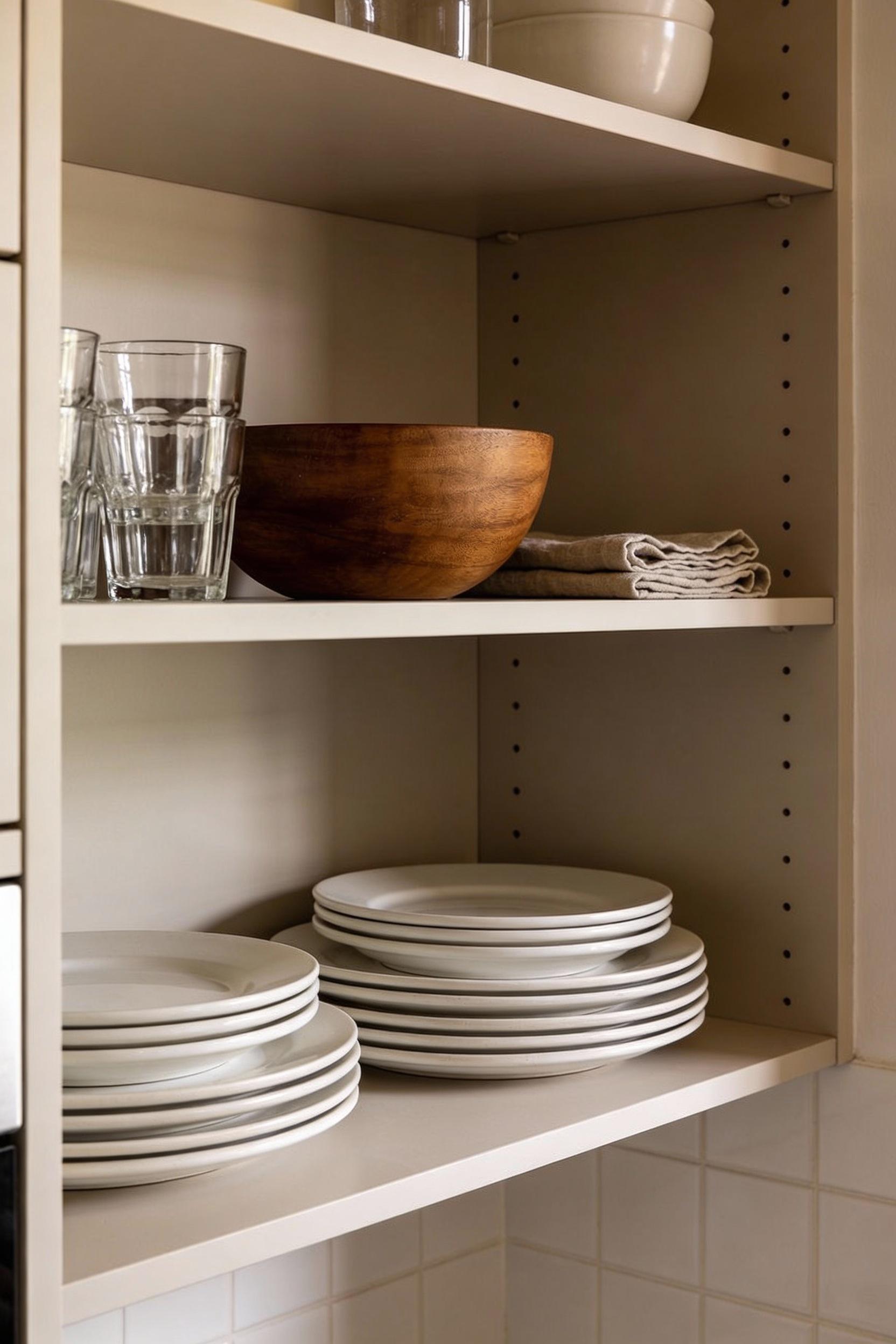 Open shelving styling for a modern kitchen that still feels cozy