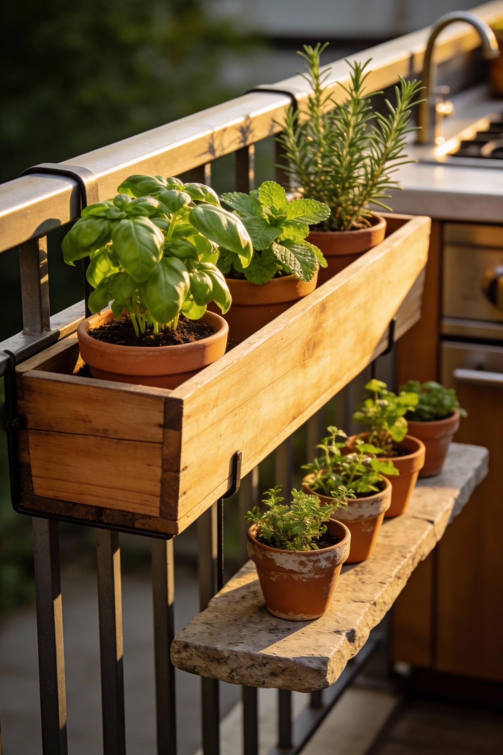 Small outdoor kitchen ideas with herbs and edible greenery