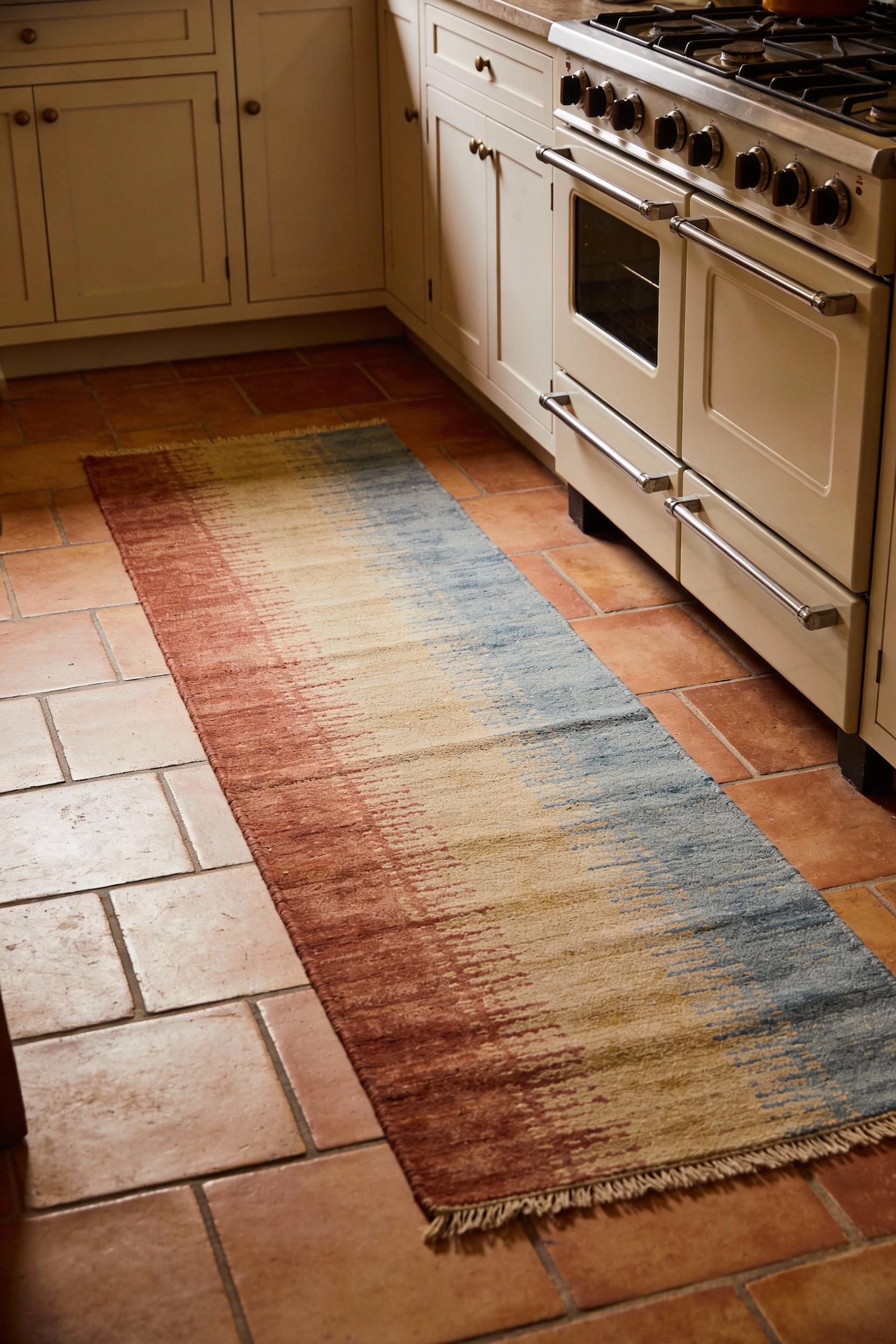 Terracotta tile kitchen floor with a cozy runner and layered textures