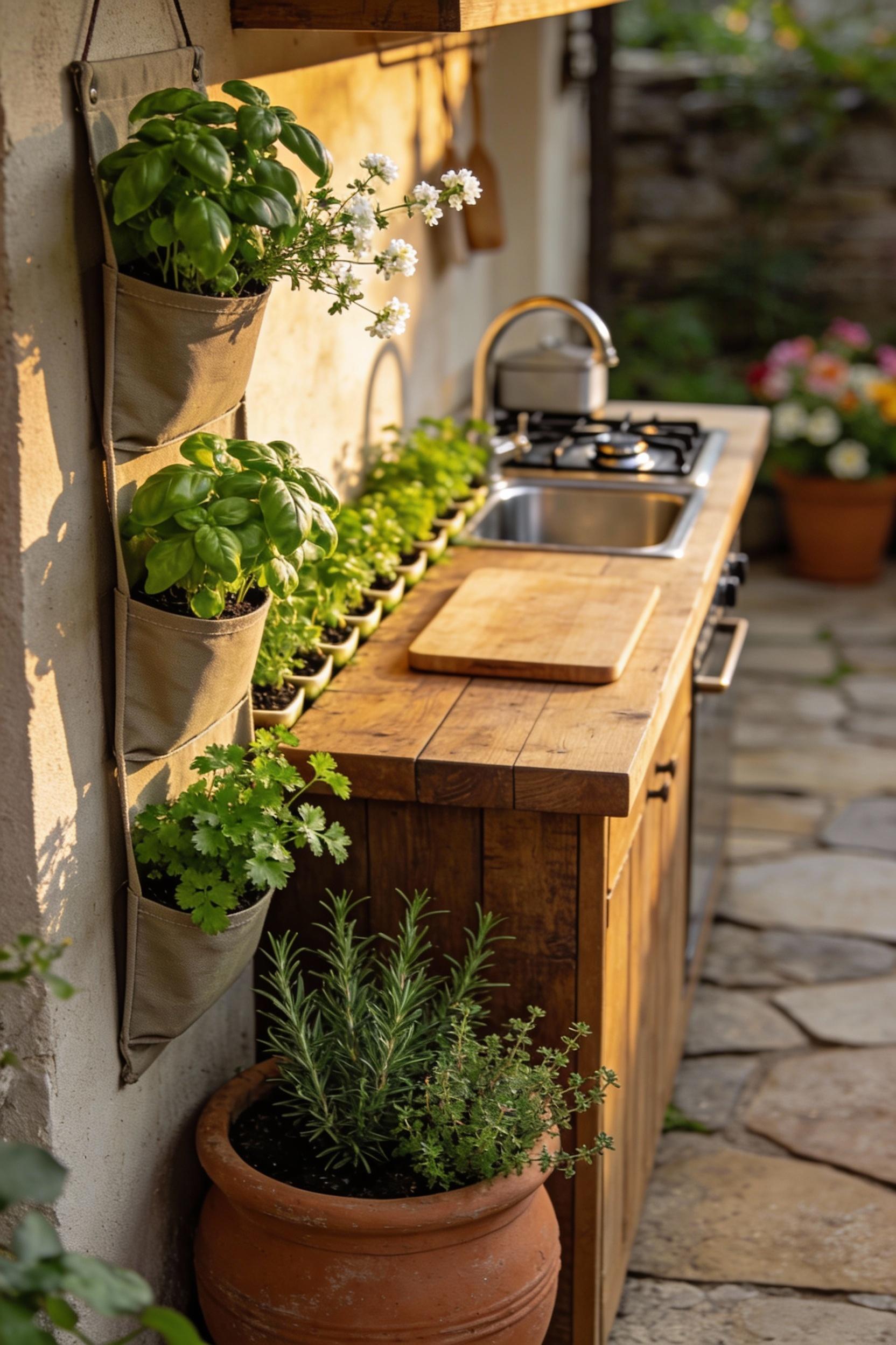 Tuck in herbs and greenery for a fresh, lived in outdoor kitchen feel