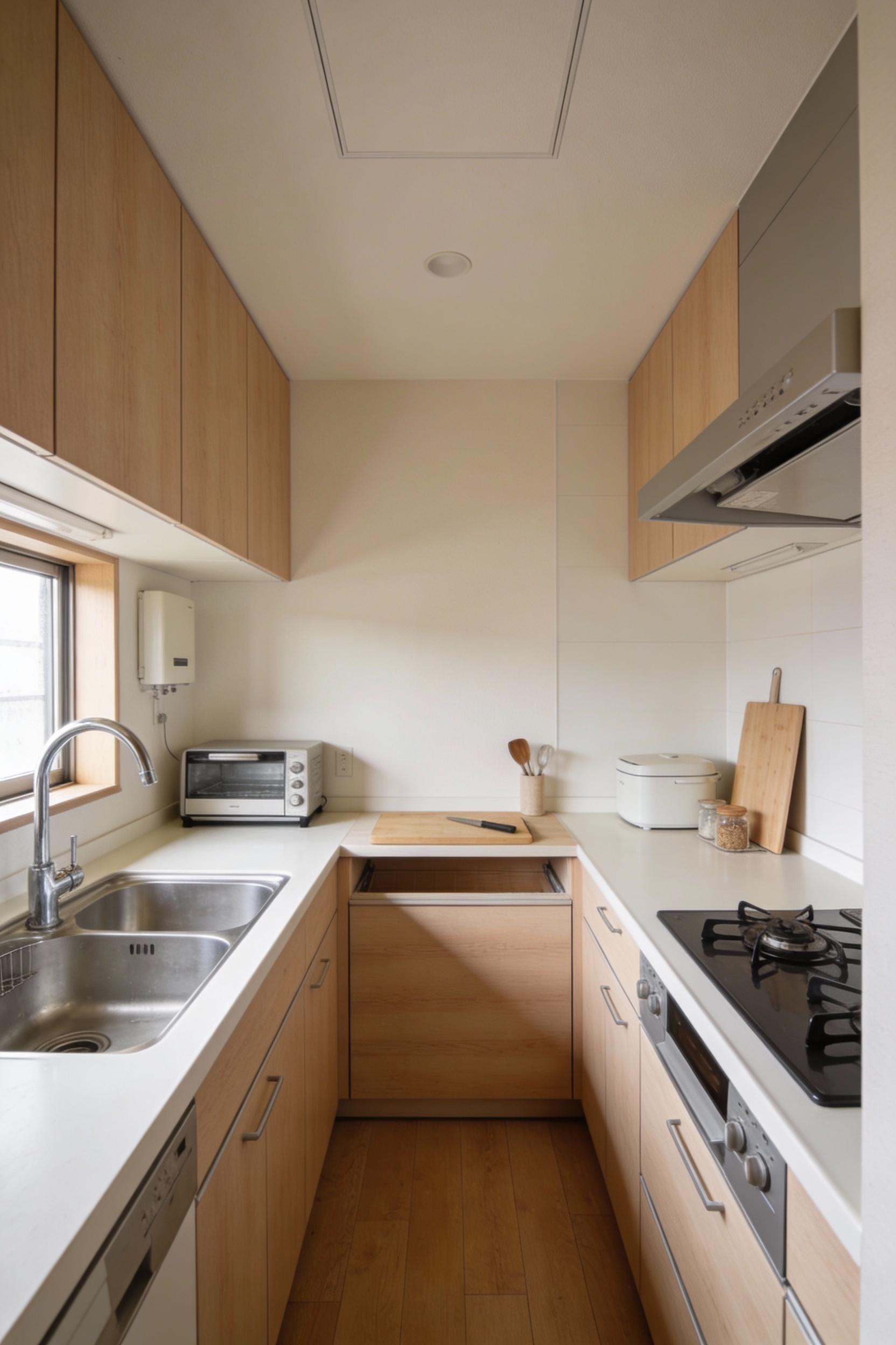 4) A Japanese style kitchen with an uncluttered sink to stove line