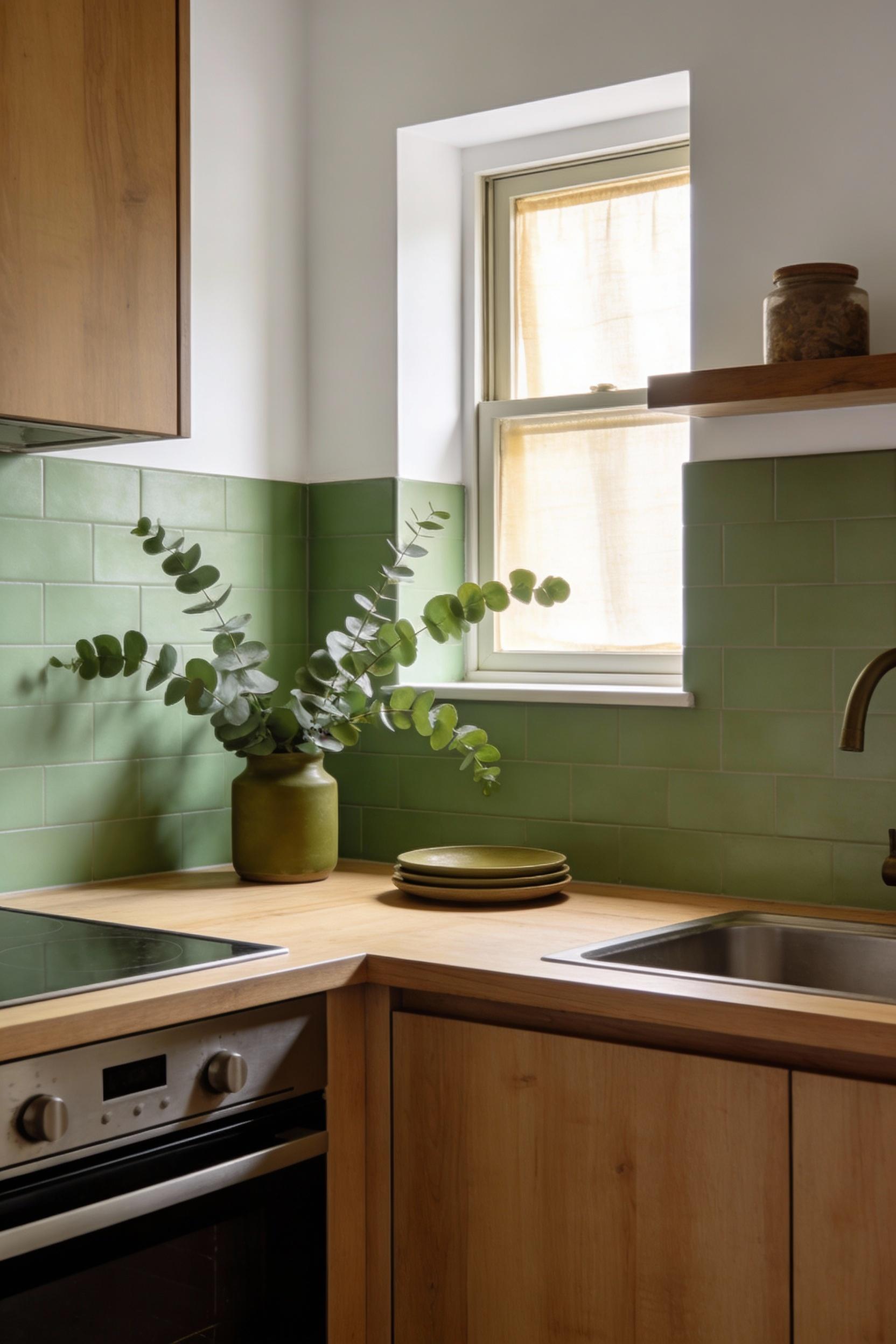 6. Soft green tiles for a calm, nature inspired splashback
