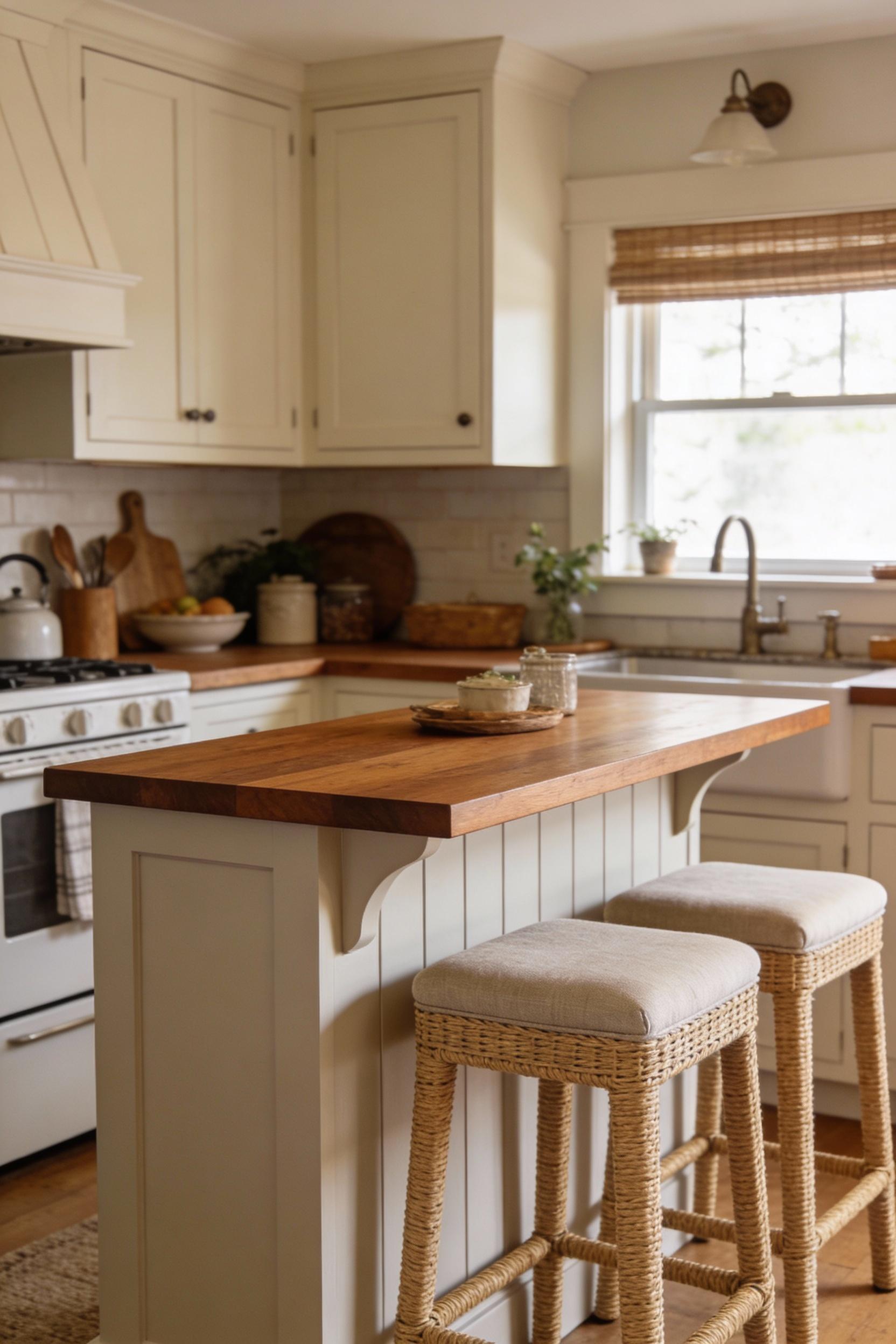 A compact modern farmhouse kitchen island that doubles as dining