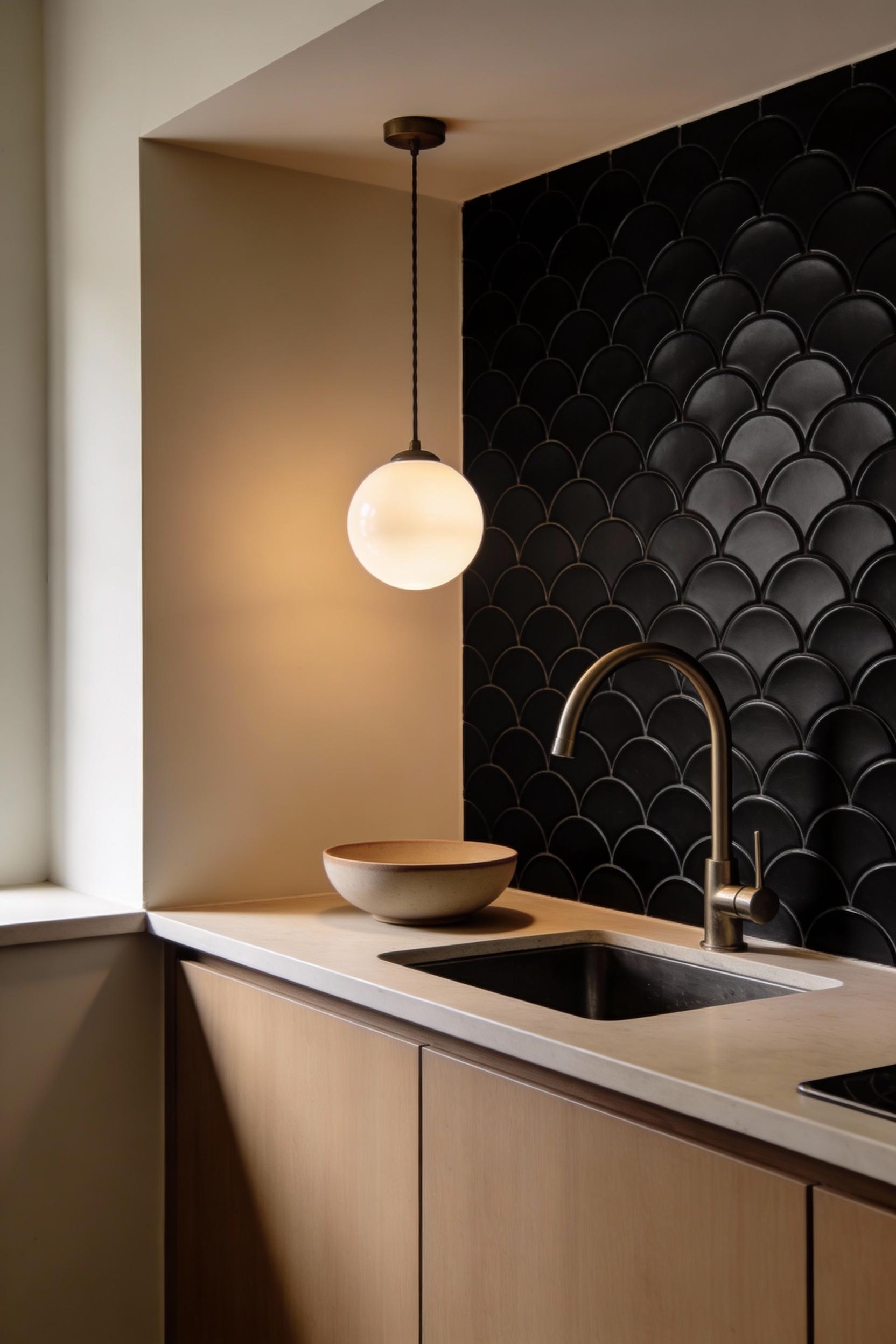 Black fish scale tile for a softer, curved feel