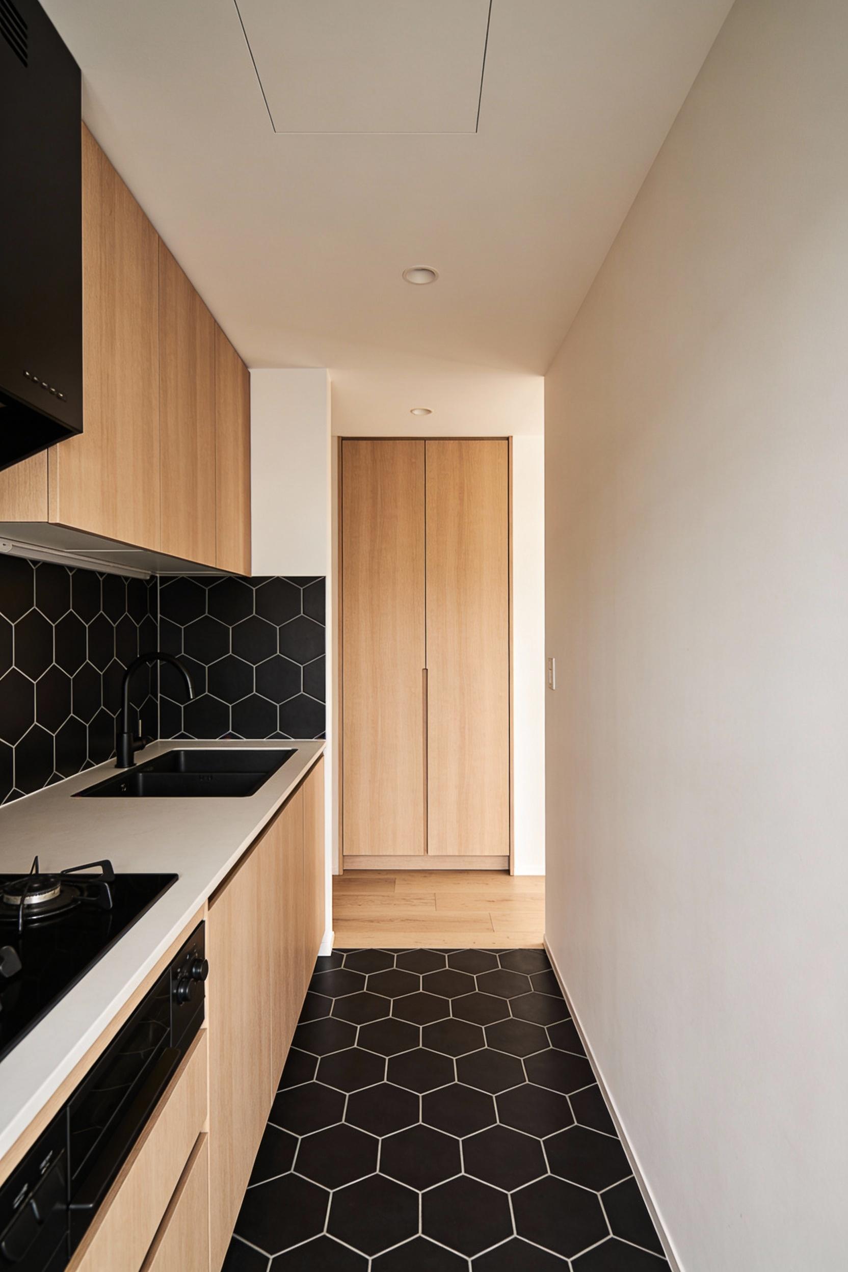 Black hexagon tiles that add gentle pattern without noise