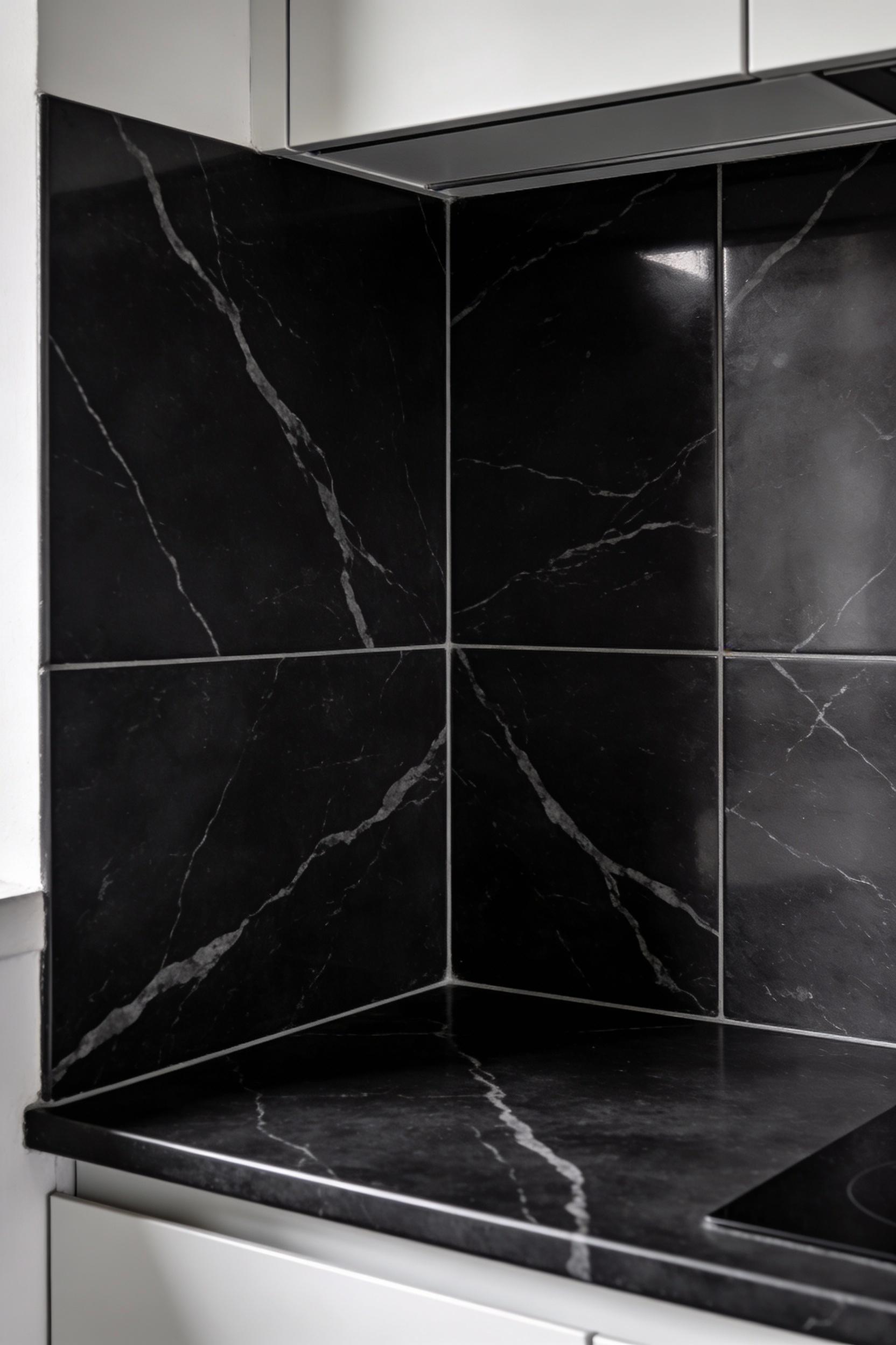 Black marble look tiles for a calm, tailored backdrop