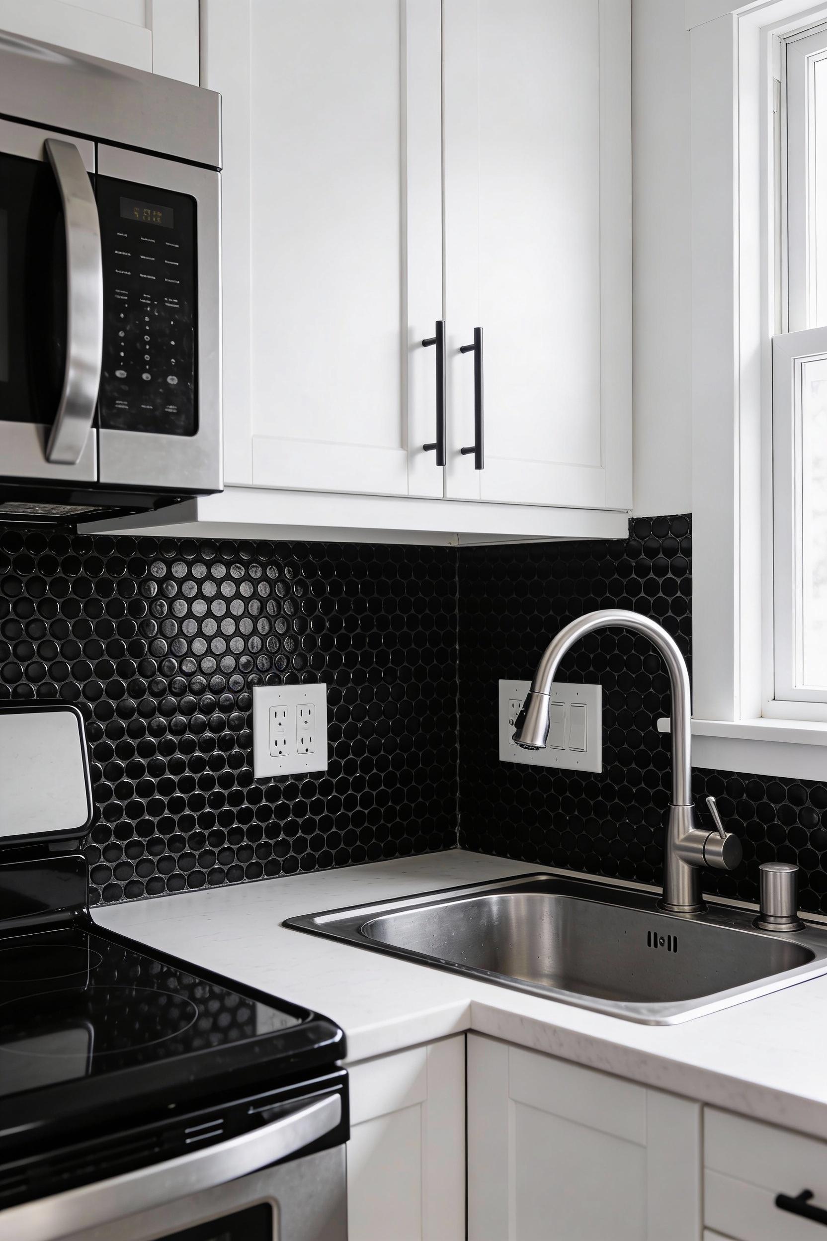 Black penny tiles for a friendly, vintage modern touch