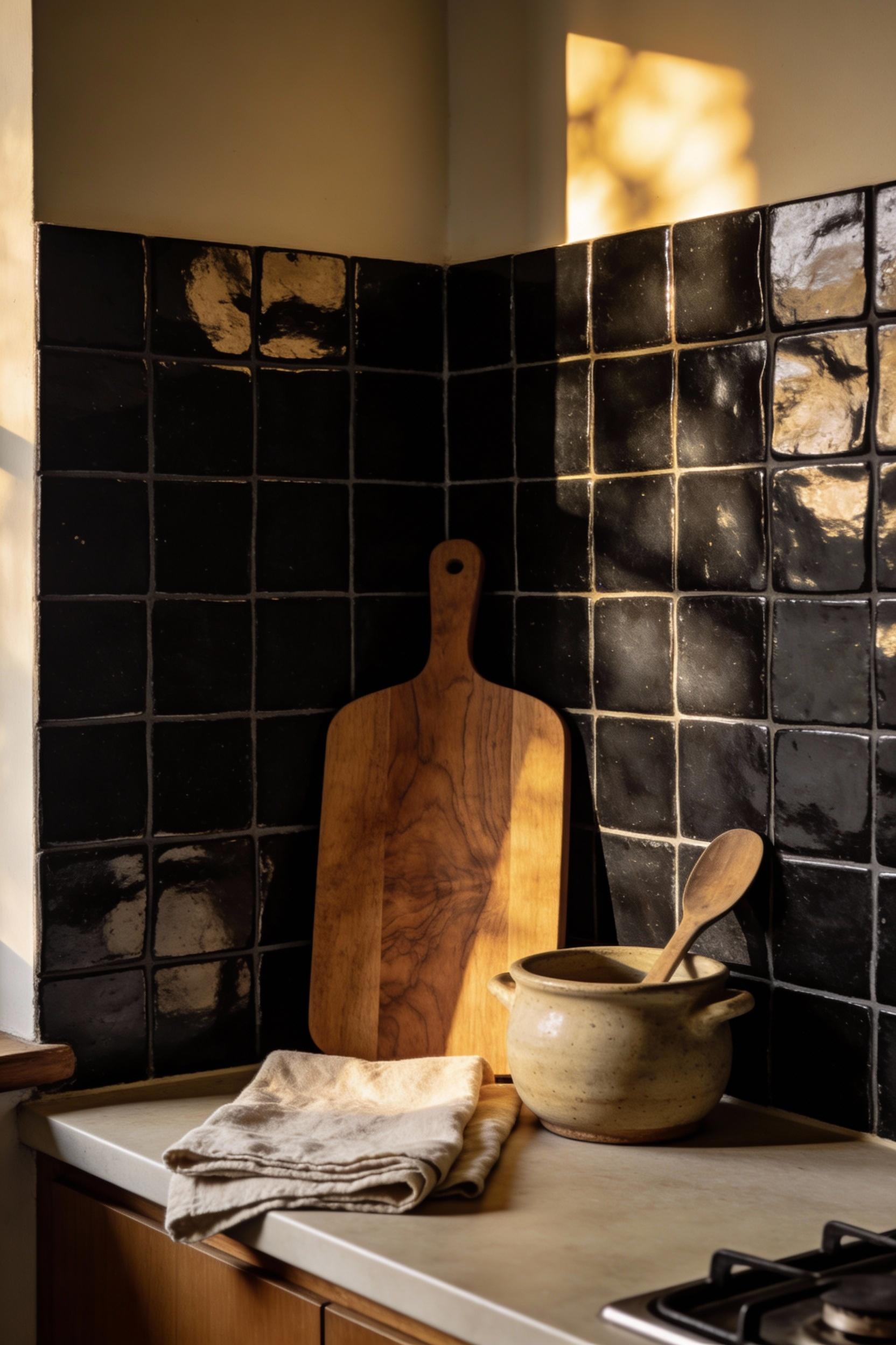 Black zellige tile with a handmade glow