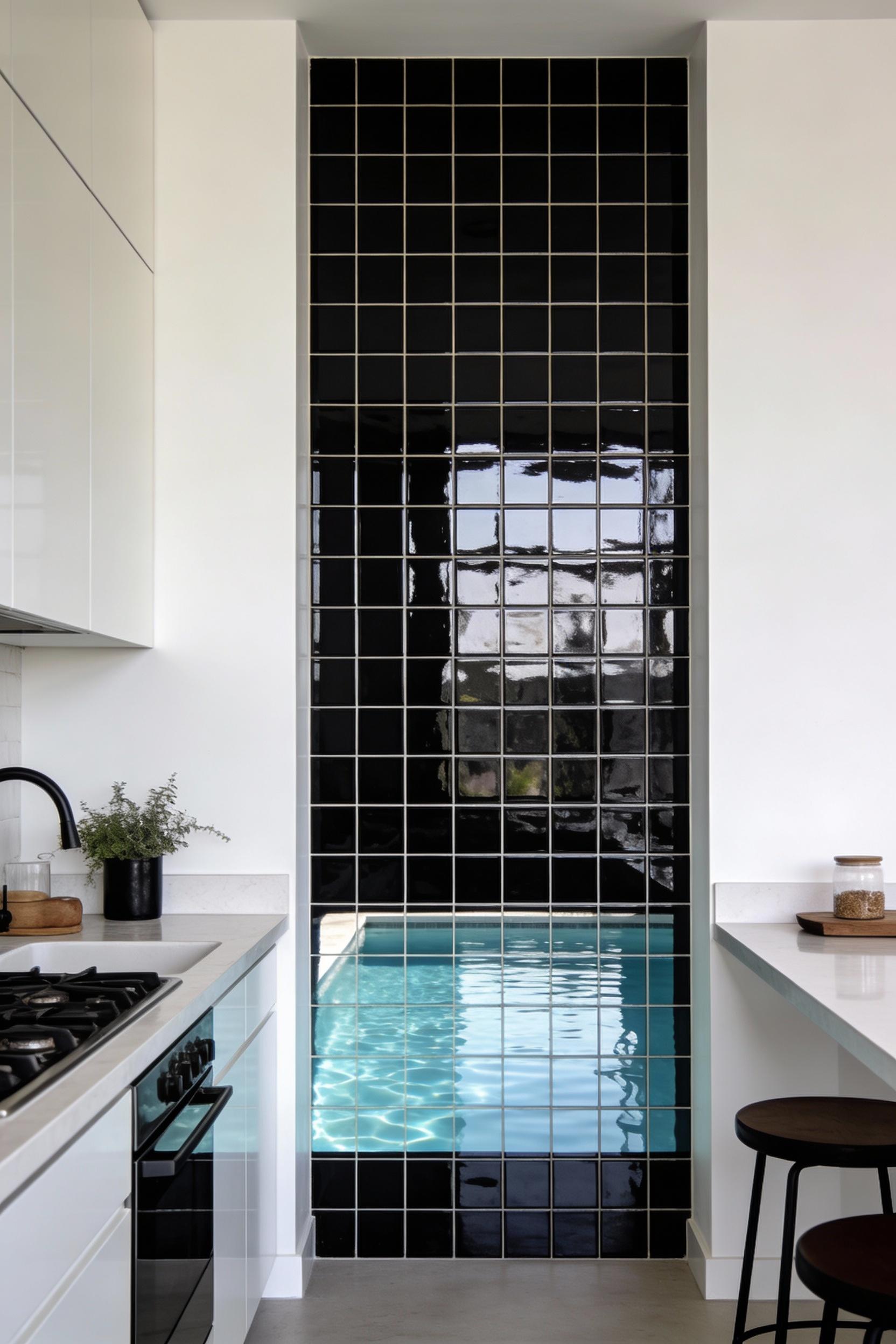 Glossy black stacked tile for a clean, modern line