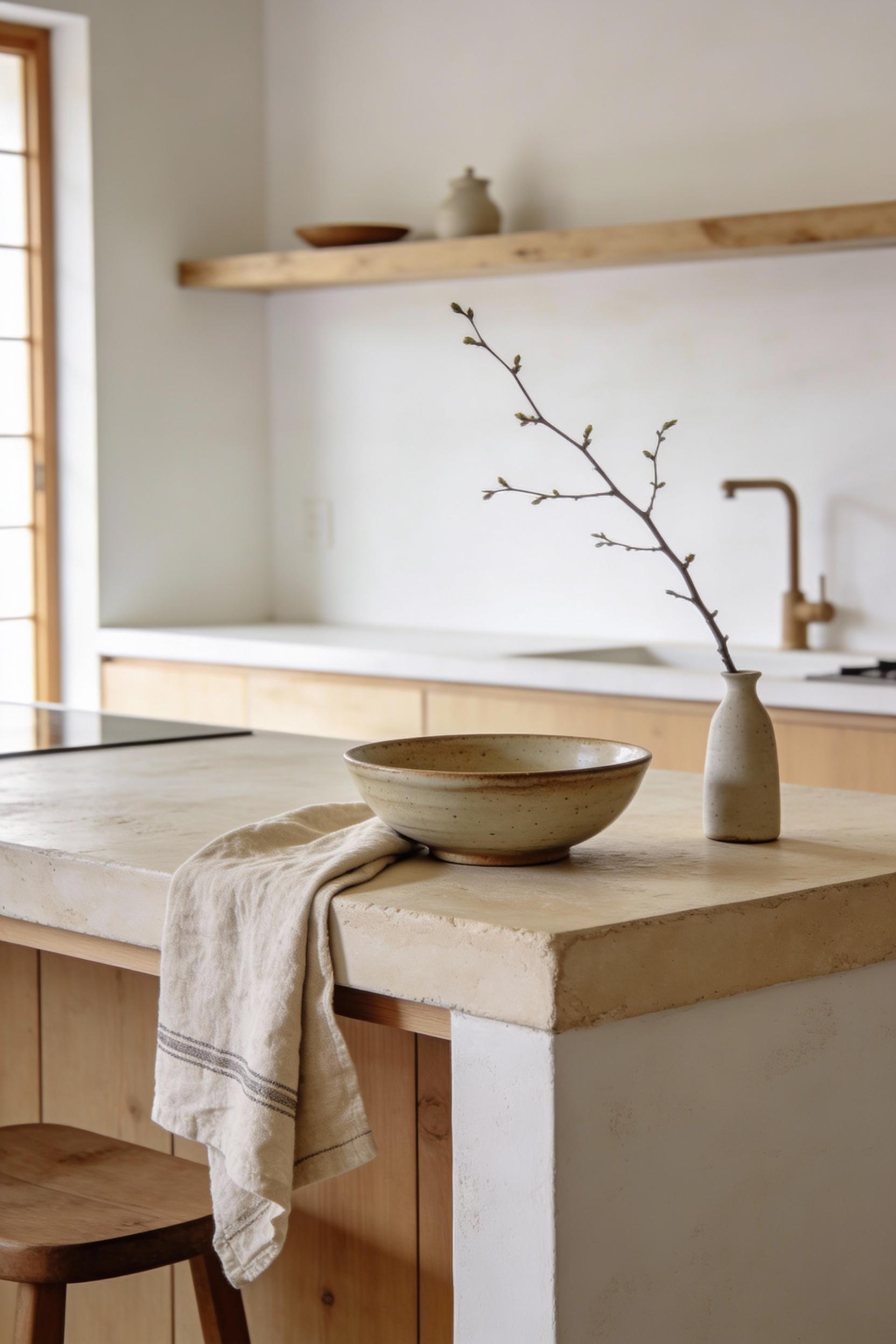 Japandi inspired modern farmhouse kitchen with island and natural calm