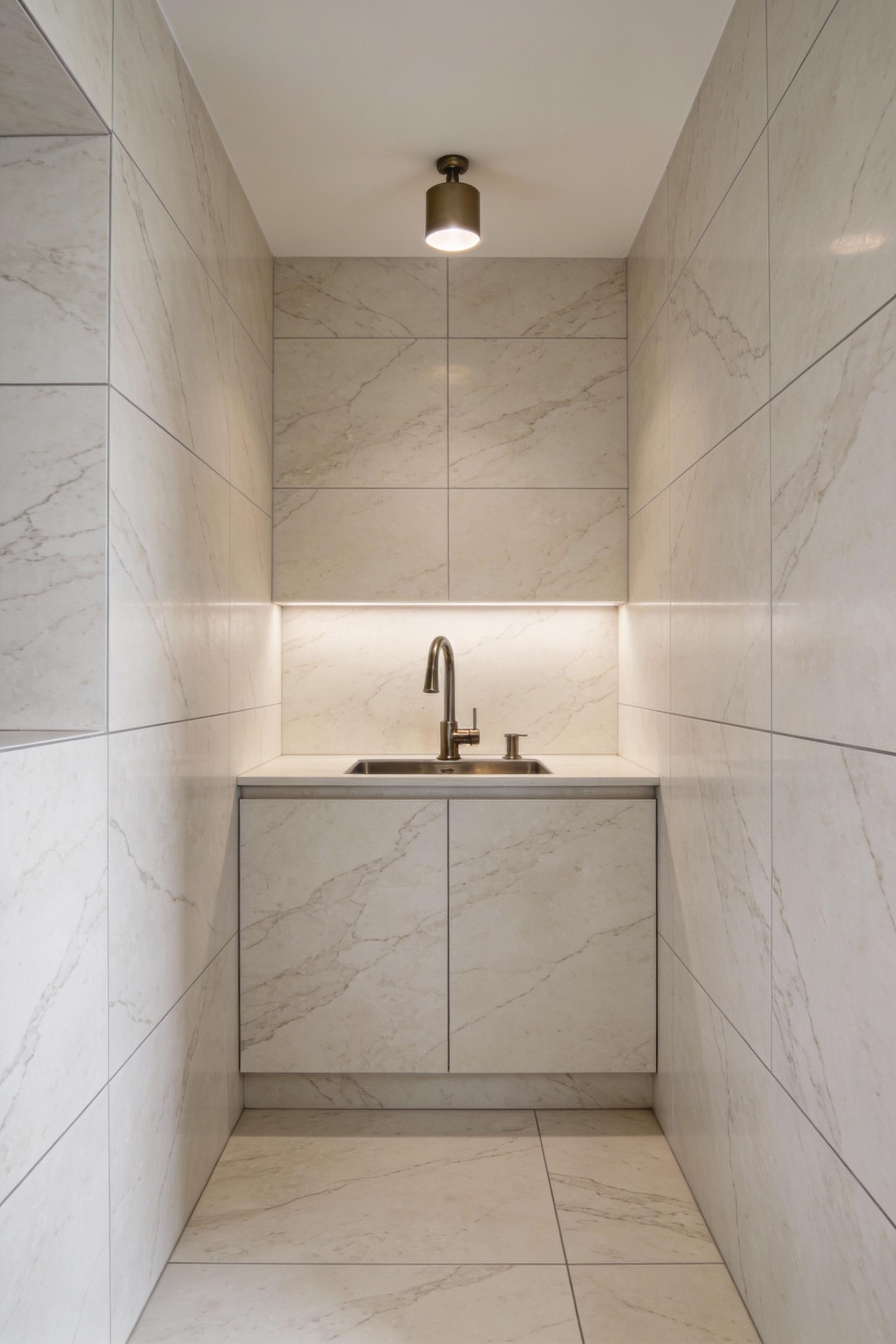 Large format porcelain slab look tiles for a seamless splashback