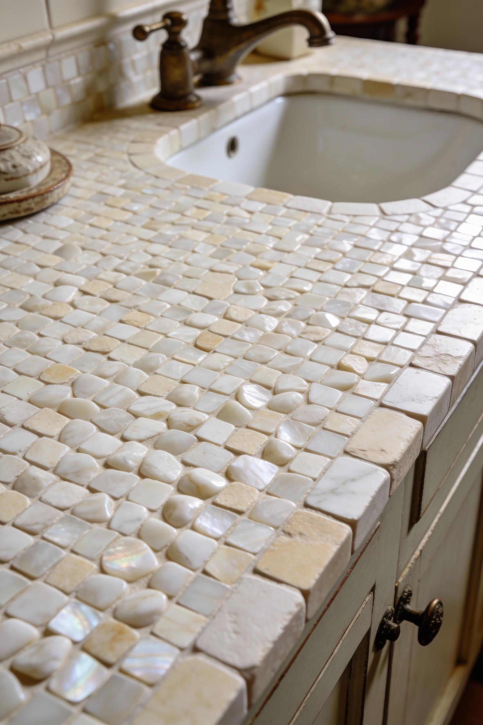 Light stone mosaic tiles for subtle depth in tight spaces