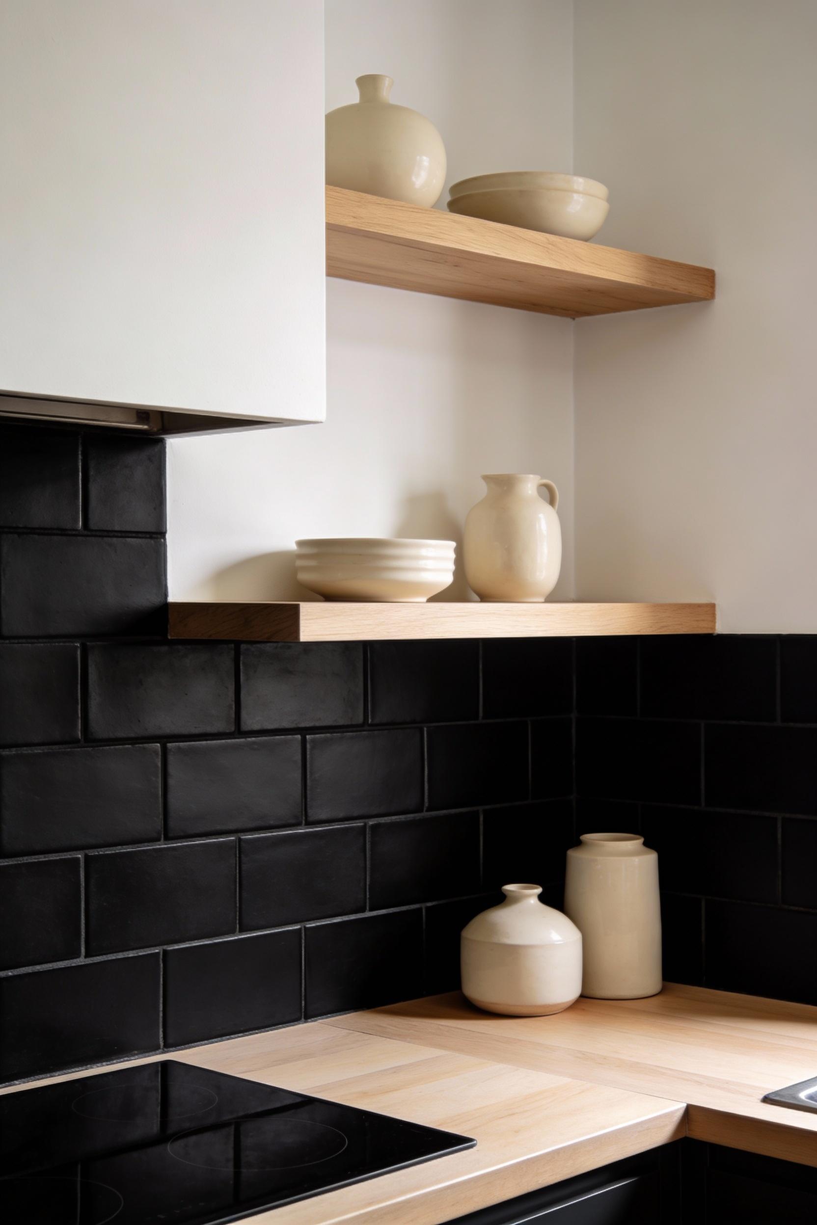 Matte black subway tile backsplash for small kitchens