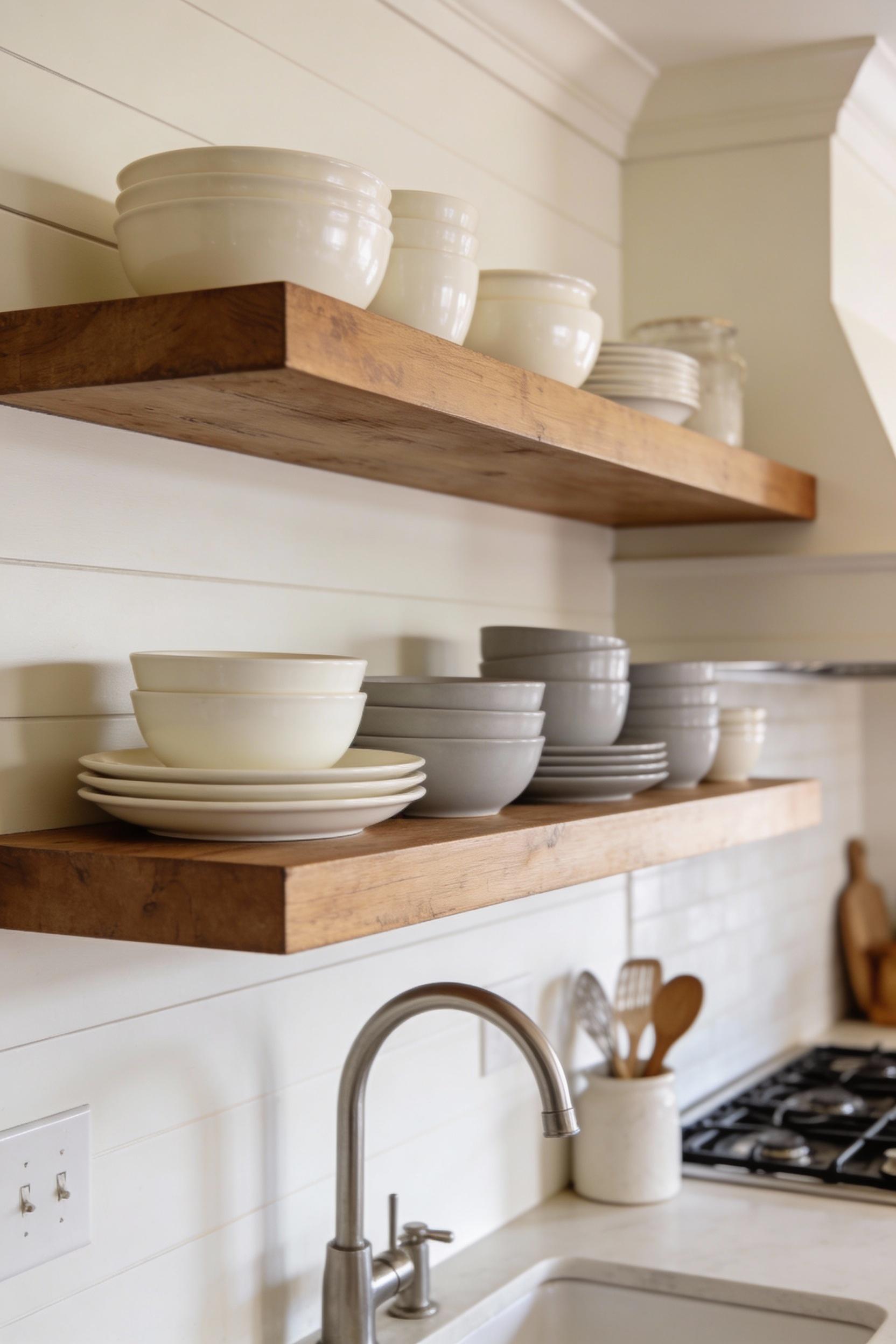 Open shelving and glass details that keep the kitchen feeling airy