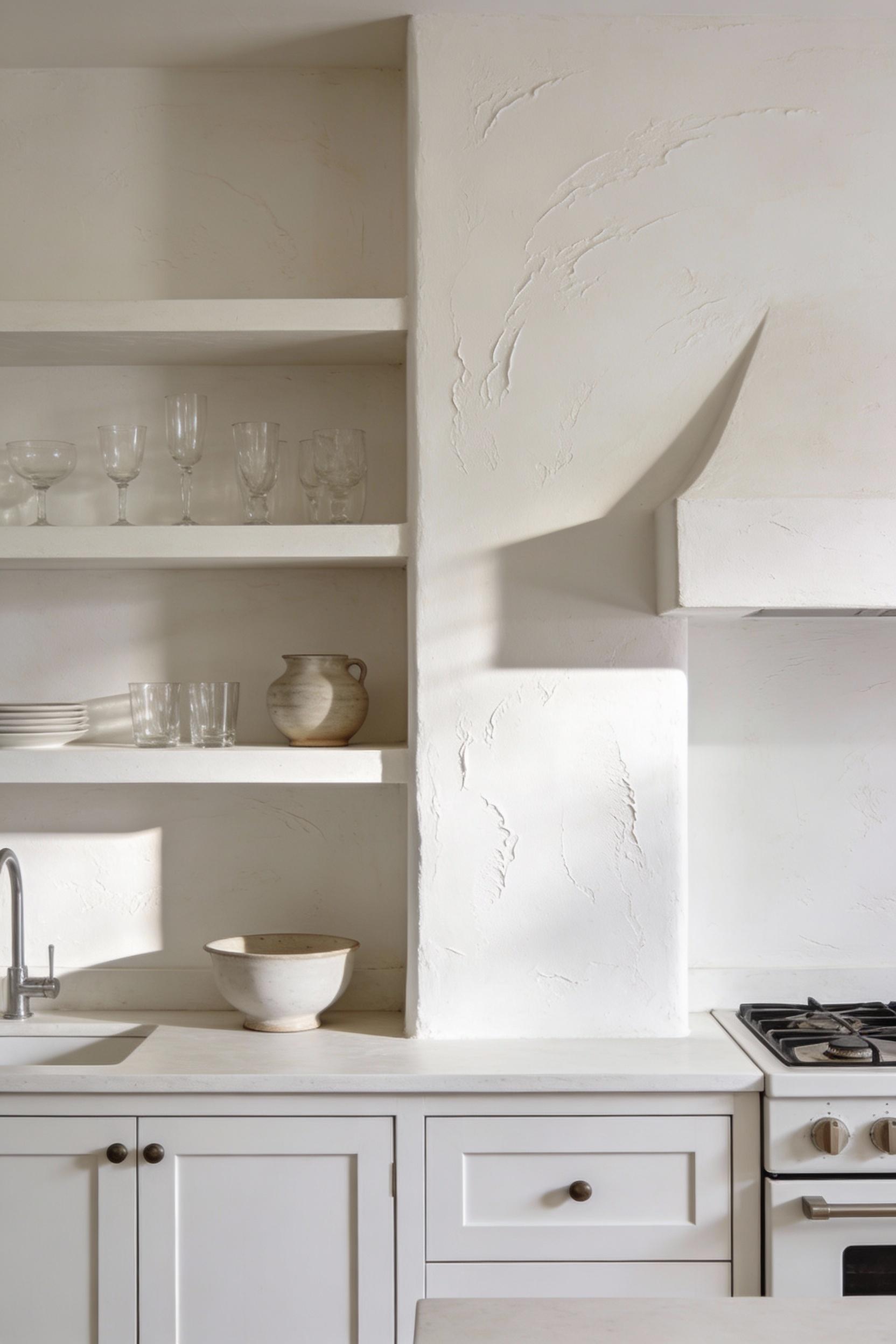 Plaster finish walls for a modern white kitchen with depth
