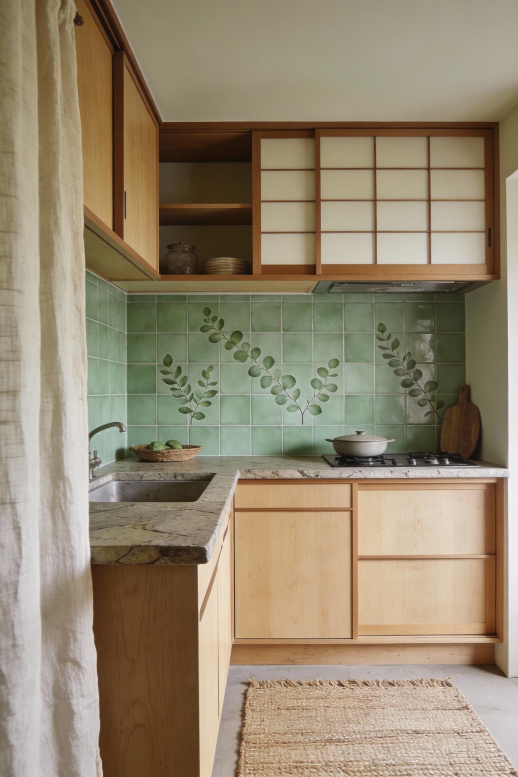 Soft green splashback tiles for a calm Japanese inspired kitchen