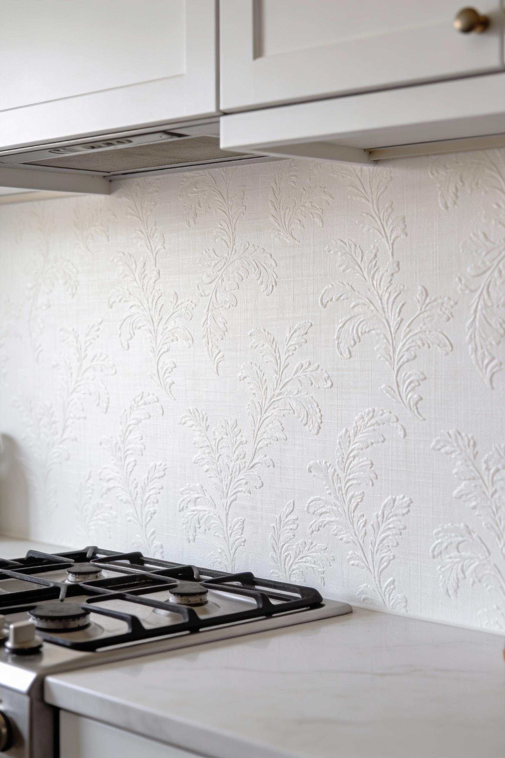 Textured wallpaper in white for a rental friendly kitchen wall idea