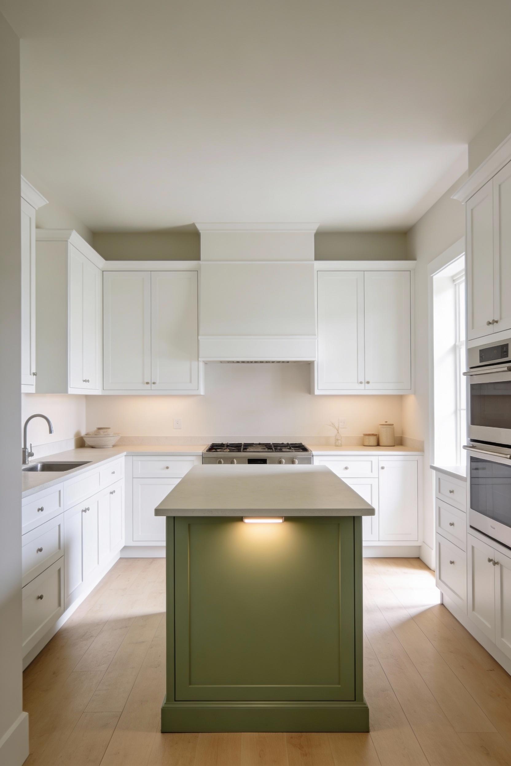 Two tone cabinetry with a soft colored island focal point