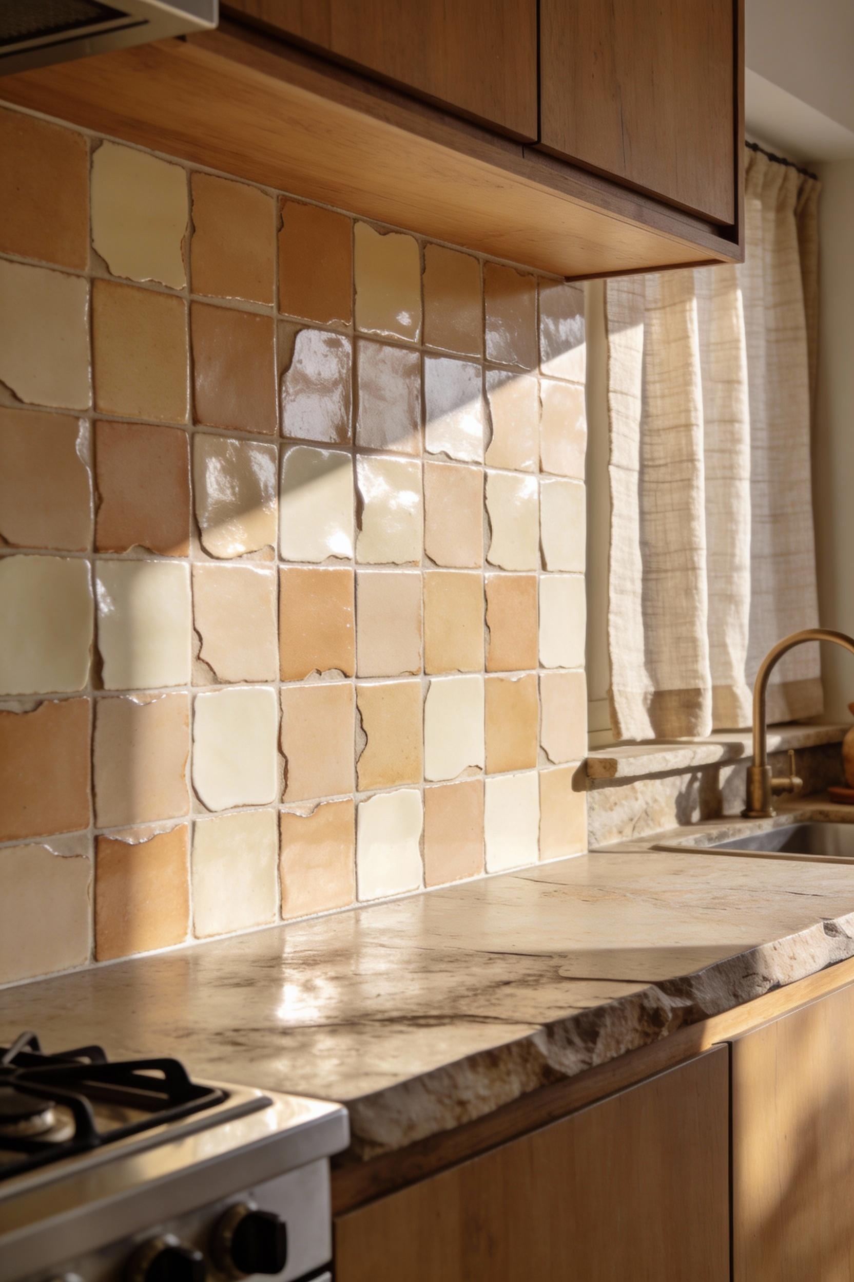 Warm beige zellige look tiles for cozy modern texture