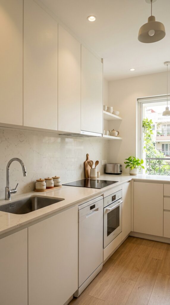 1 A modern small Indian kitchen with a monochromatic