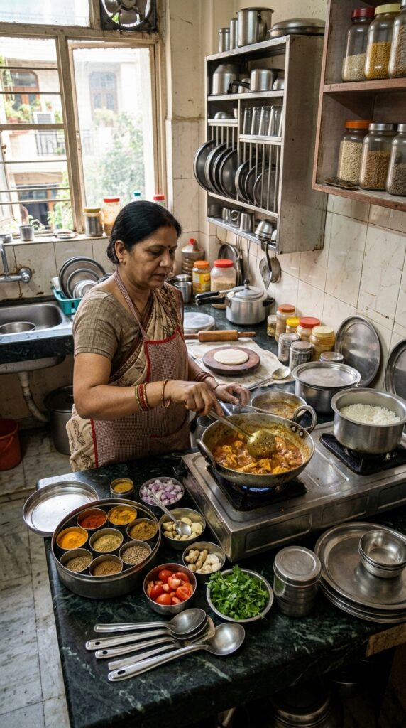 1 A small Indian kitchen scene showing a person acti