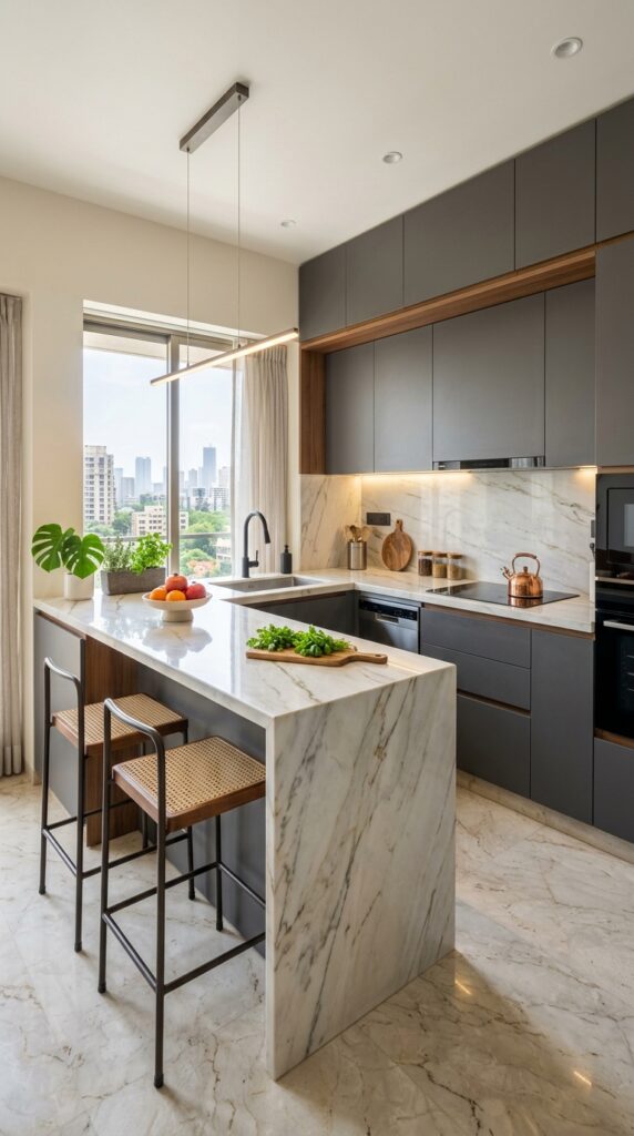 3 Modern kitchen with a waterfall edge countertop in