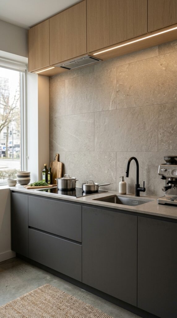 4 Large format backsplash tiles in neutral stone fin