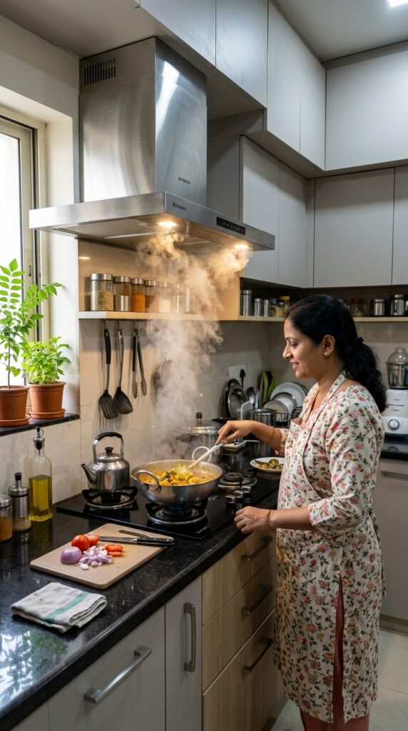 6 Modern Indian kitchen with a powerful chimney abov