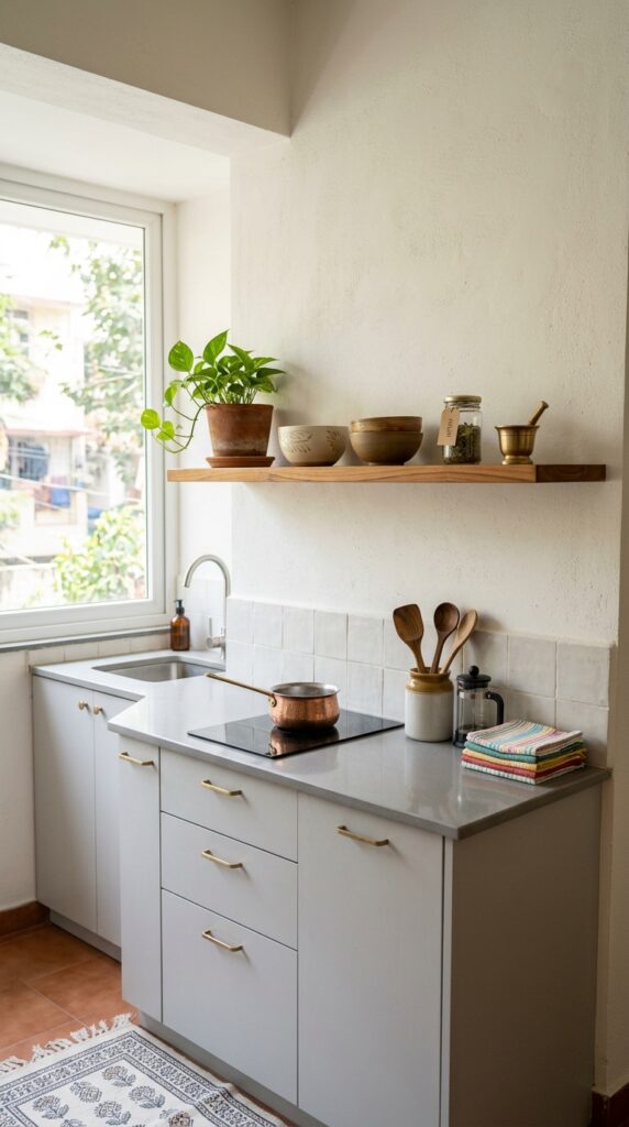 9 Small kitchen with a slim floating open shelf mini