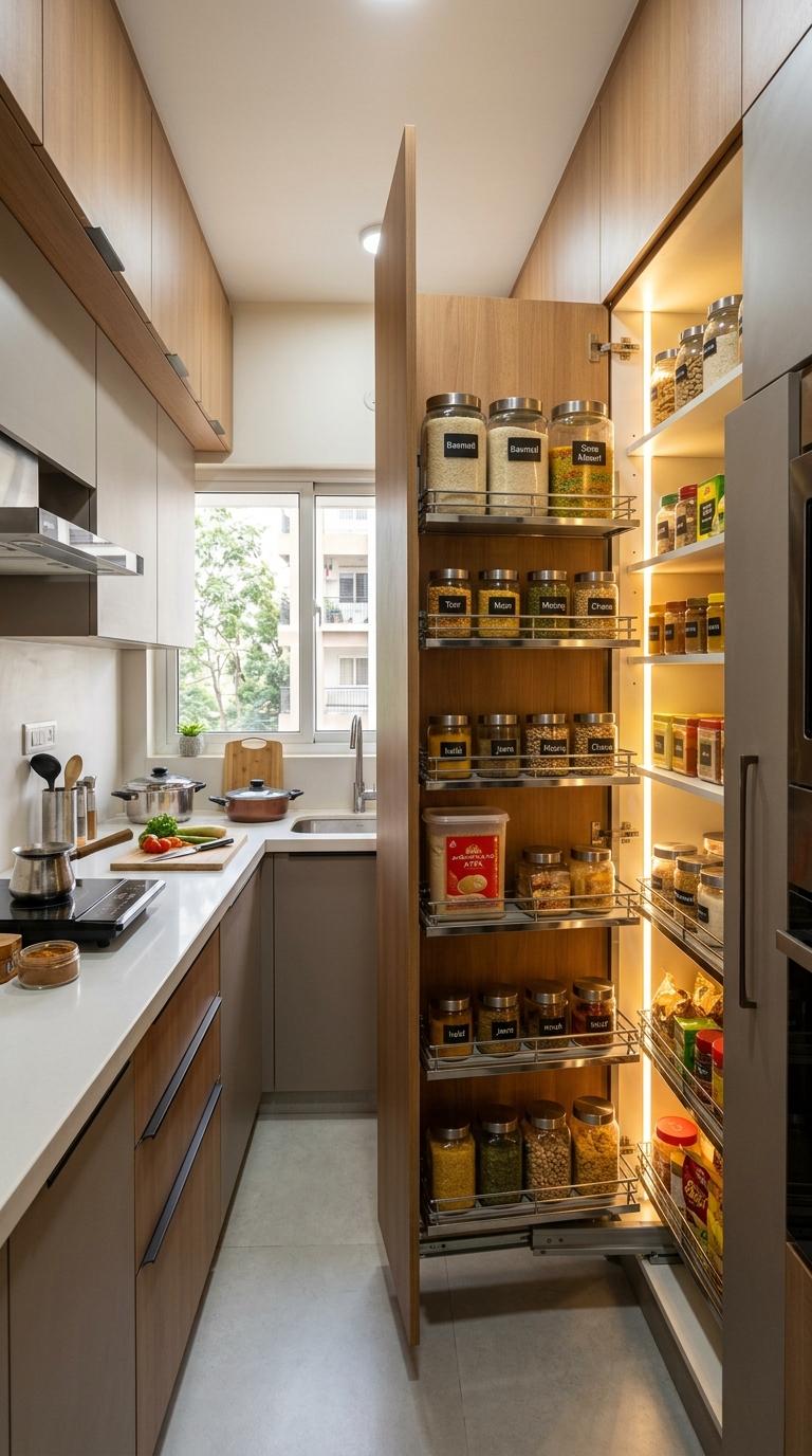 A Concealed Pantry Behind a Full-Height Door Panel
