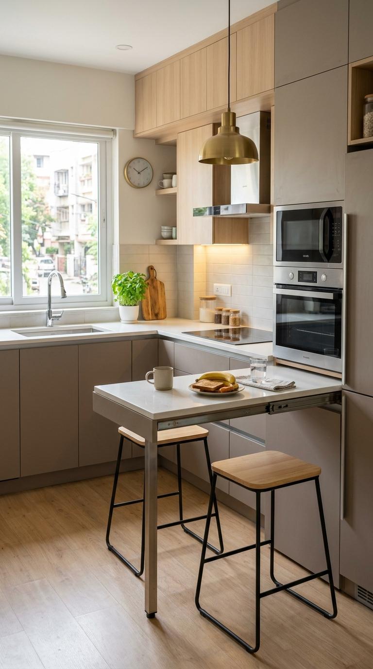 A Pull-Out Breakfast Counter Concealed in the Cabinet End Panel
