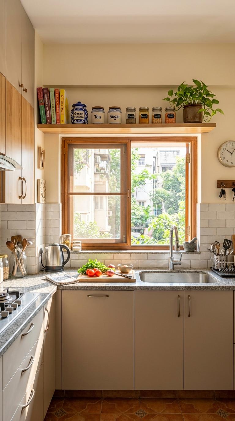 A Slim Open Shelf Above the Window on the Prep Arm