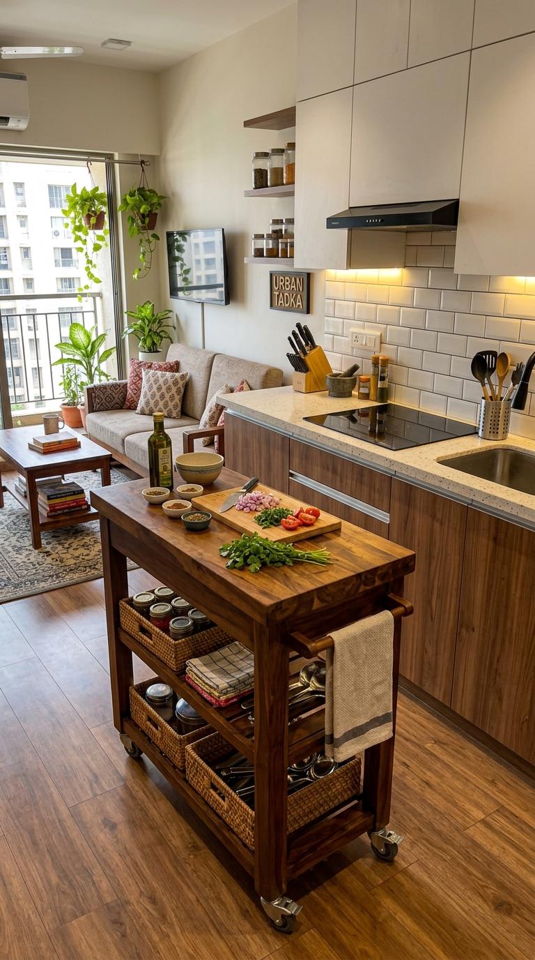 An Island or Rolling Cart in Front of the Counter