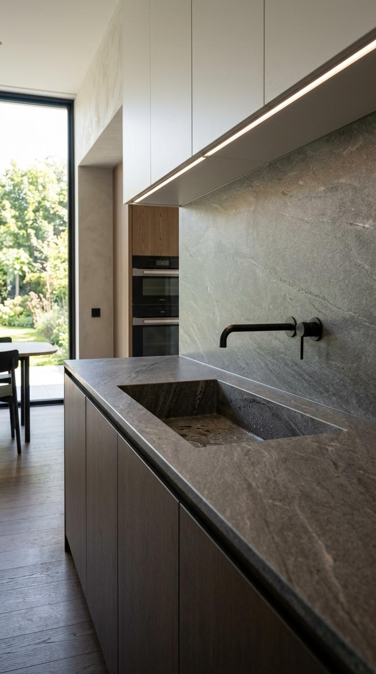 AI-generated visualization of Dark Stone Monolith with Contrasting Wood Island Base