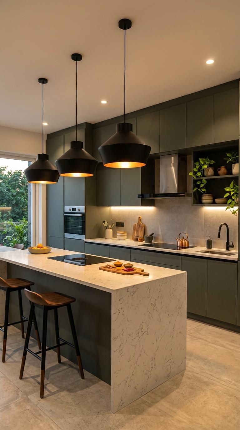 Matte Cabinets With Statement Lighting