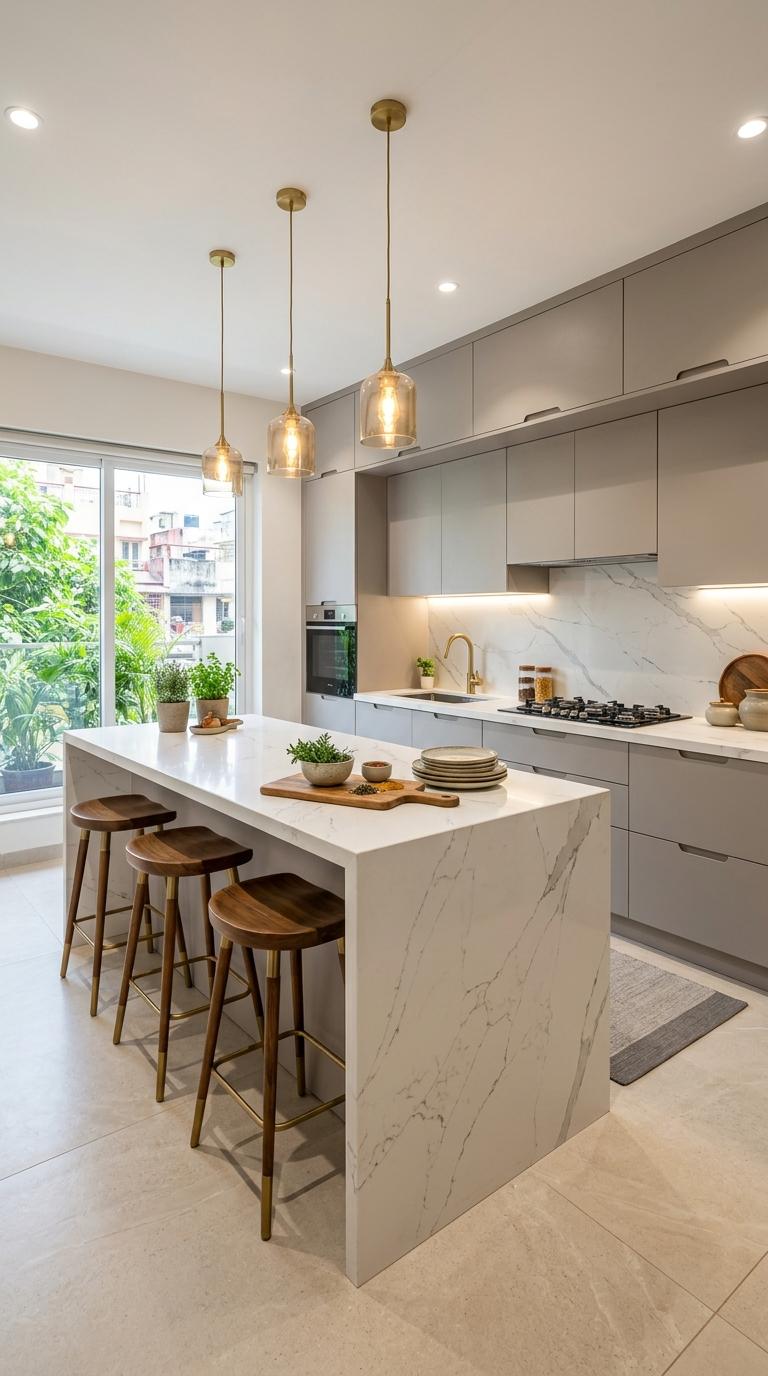 Matte Cabinets With Waterfall Islands