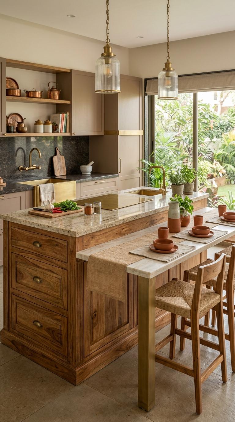 AI-generated visualization of Natural Material Multi-Level Island for Indian Homes