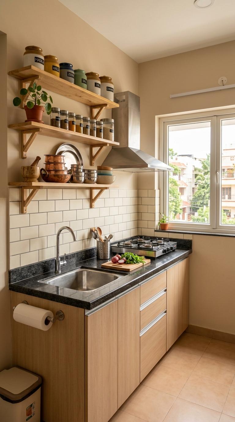 Open Shelving on One Wall Section to Avoid Visual Crowding