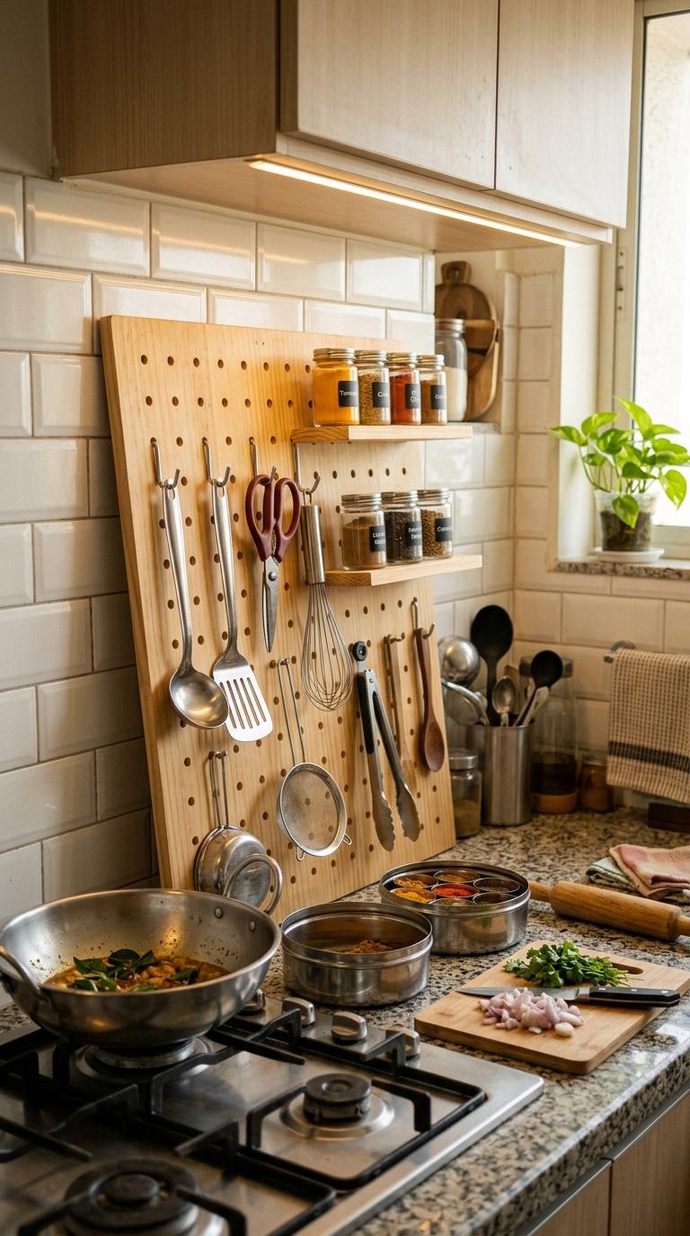 Pegboard Panel Propped Against the Splashback
