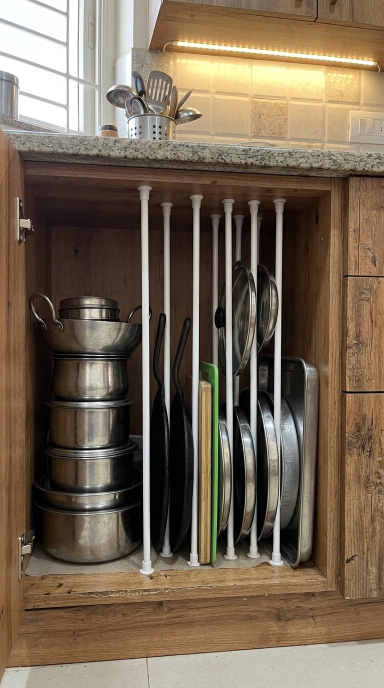 Tension Rods to Create Vertical Dividers in Cabinets