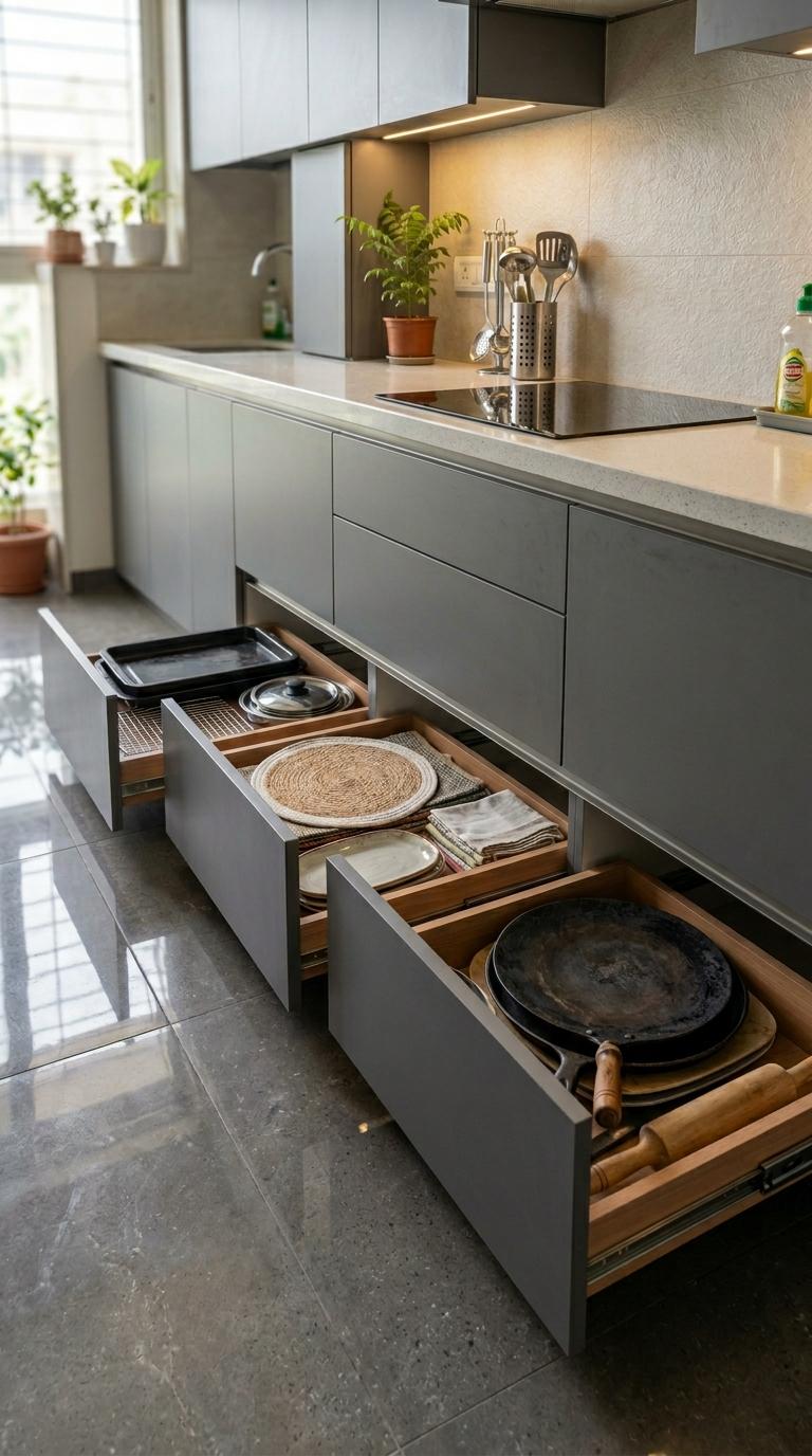 Toe-Kick Drawers Concealed Behind the Kickboard